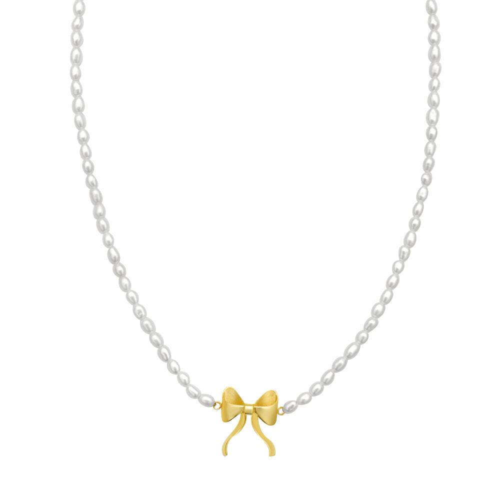 14K Gold Bow Pearl Necklace for Women - Elegant & Dainty Jewelry Gift for Brides, Birthday, Anniversary & Special Occasions
