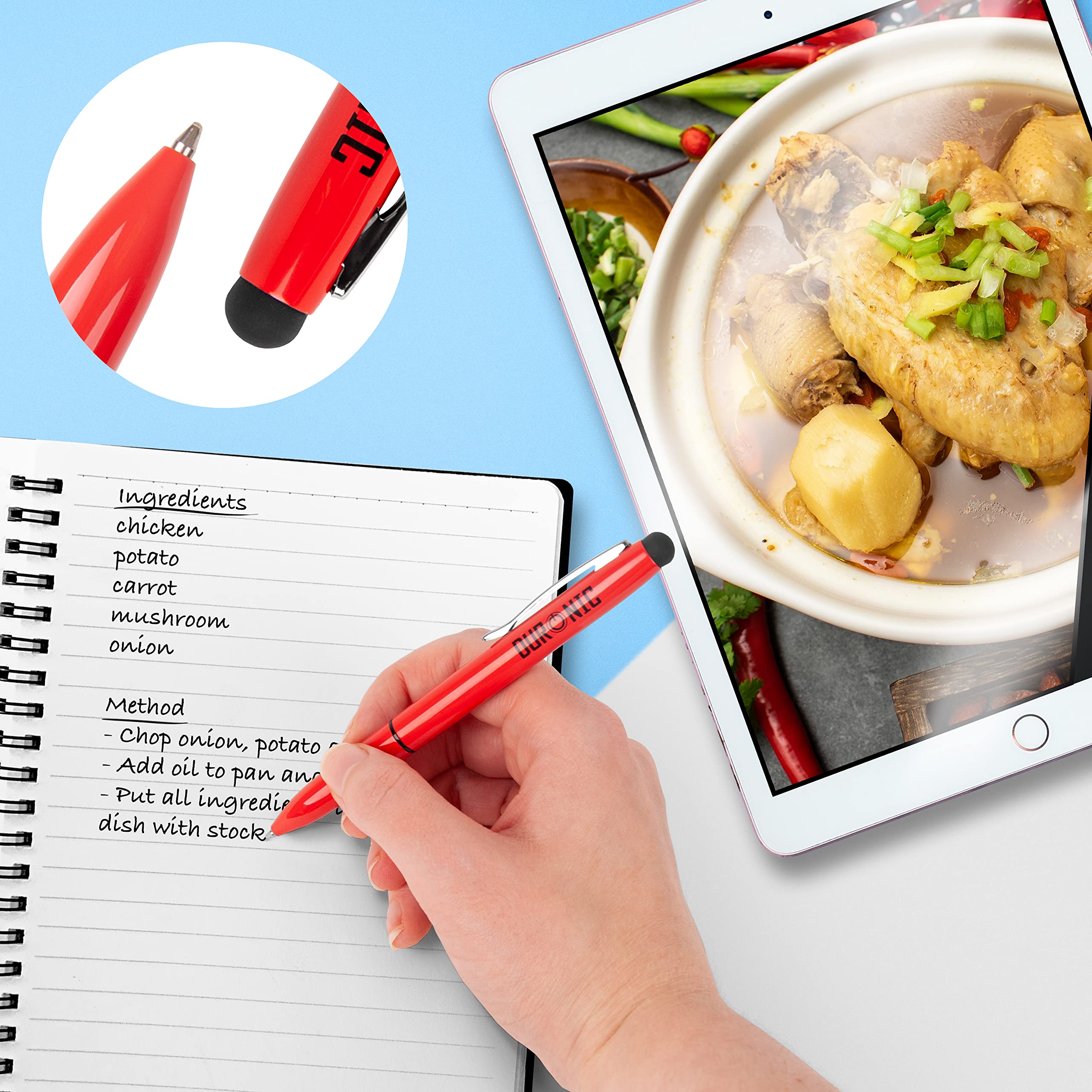 Duronic Stylus Pen IS10RD [Red] - 10-Pack Refillable Ballpoint & Rubber Stylus 2-in-1 Touch Screen Pen for iPad, Tablet, Surface, Laptop, Kindle - Perfect for Note-Taking, Drawing & Digital Signatures