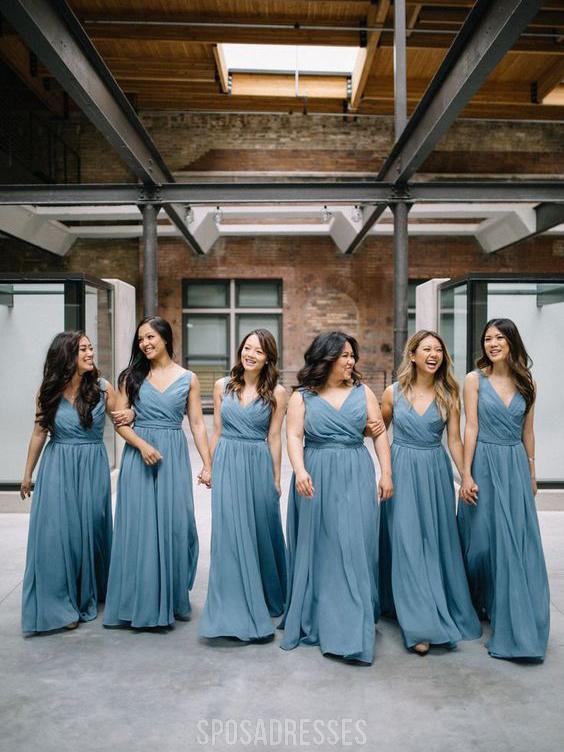 Elegant Dusty Blue Chiffon V-Neck Long Bridesmaid Dress - WG251 | Perfect for Weddings, Formal Events & Special Occasions
