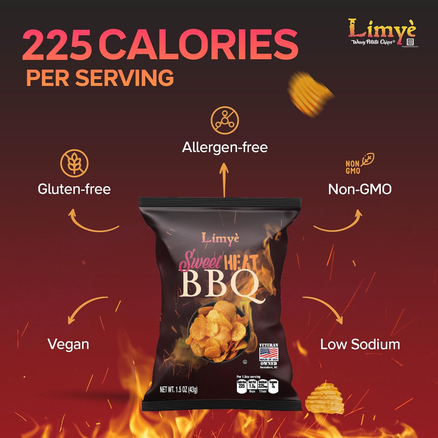 Limye Sweet Heat BBQ Flavored Potato Chips - Certified Kosher, Allergen-Free, Vegan Snacks - 1.5oz Bags (Pack of 24) - Perfect for Parties, Picnics & On-the-Go Snacking