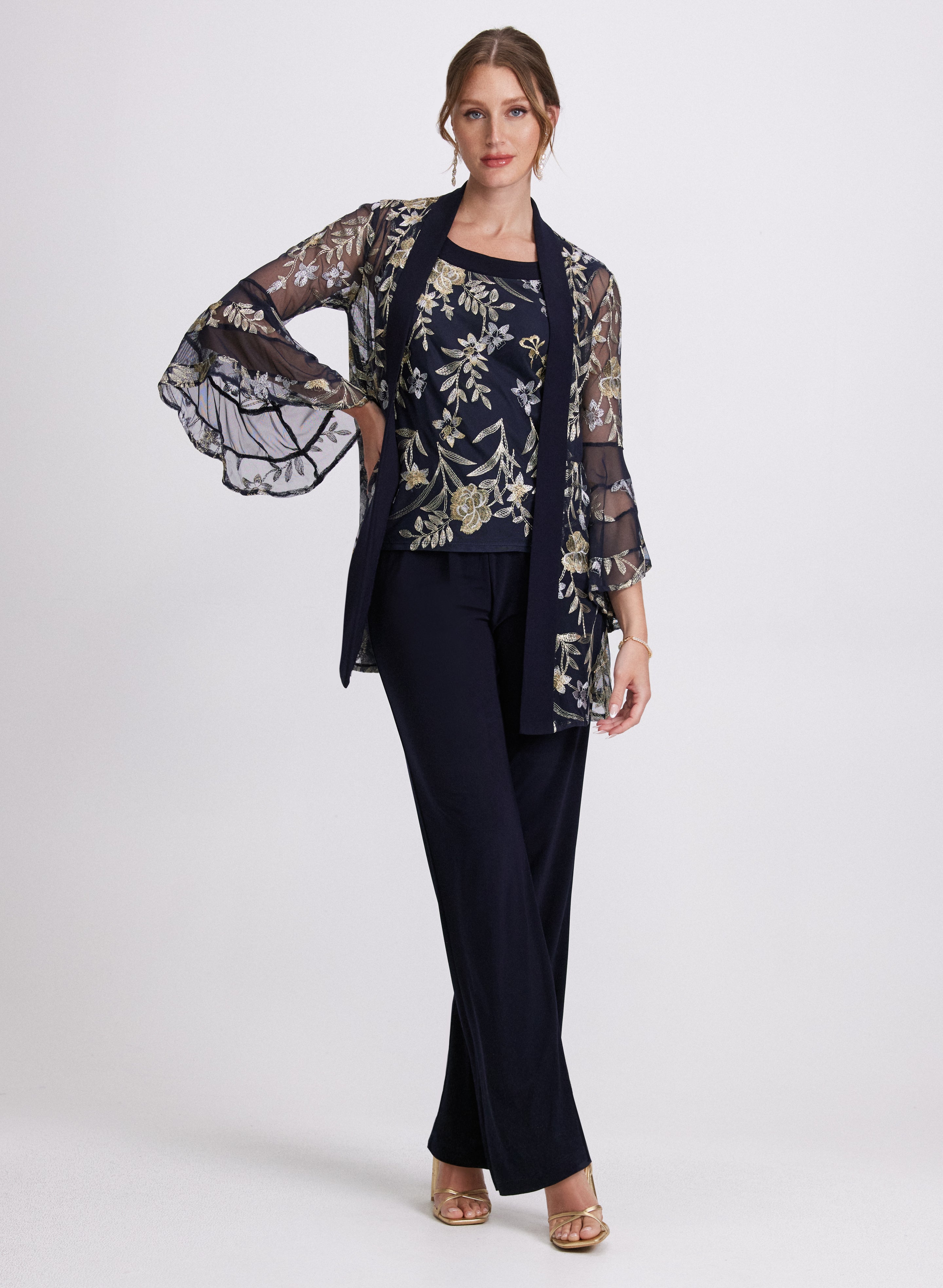 Floral Embroidered Jacket Top and Pants Set for Women - Elegant 3-Piece Outfit for Spring Summer Fashion, Date Night and Special Occasions
