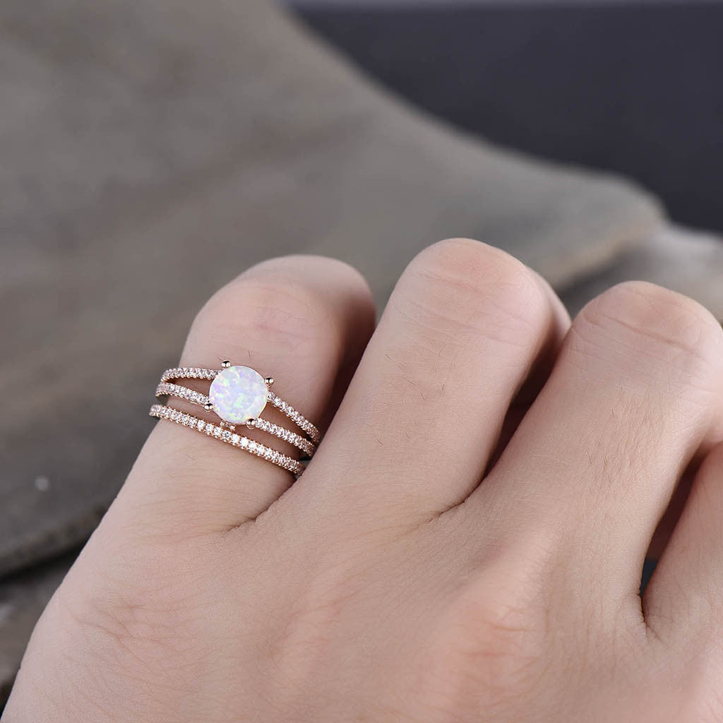 Vintage Opal Engagement Ring Split Shank Set with Pave Diamond Band - Elegant Wedding Jewelry for Brides, Anniversary Gifts & Special Occasions