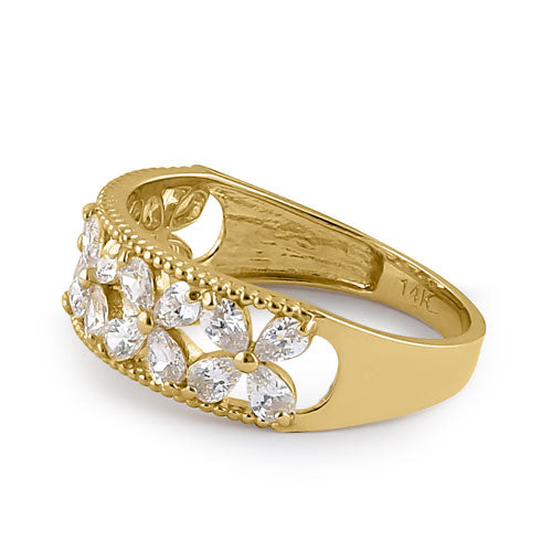 14K Solid Yellow Gold Flower CZ Ring for Women - Elegant Cubic Zirconia Floral Jewelry Gift for Anniversary, Birthday & Special Occasions