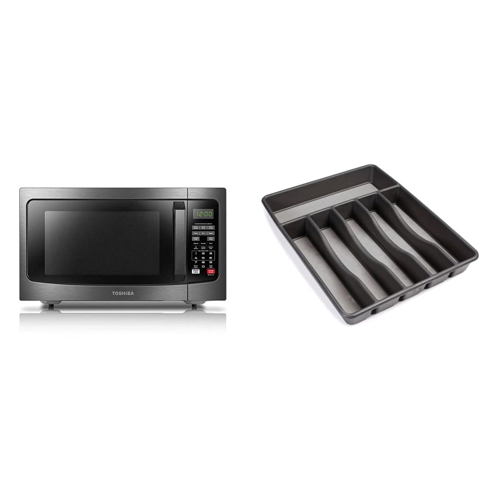 Toshiba EM131A5C-BS 1.2 Cu Ft Smart Sensor Microwave Oven - Black Stainless Steel | Rubbermaid No-Slip Silverware Tray Organizer - Black & Gray | Perfect for Small Kitchens & Dorm Rooms