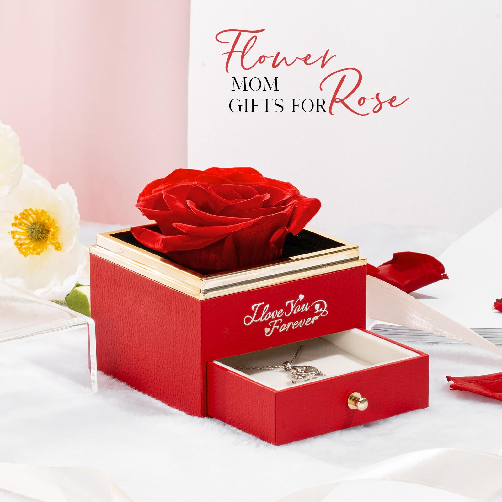 NEWNOVE Preserved Real Red Rose Gift Set with Mom Necklace - Perfect Mother's Day, Christmas & Birthday Present for Her - Elegant Home Decor & Romantic Keepsake