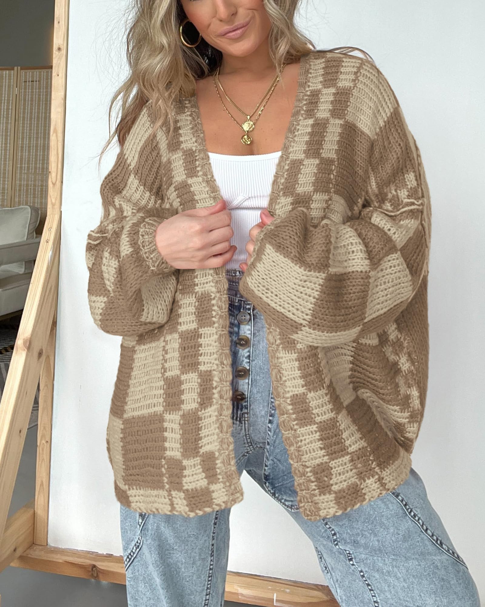 BTFBM Women's Casual Open Front Long Sleeve Chunky Knit Cardigan Sweater - Plaid Pattern Cozy Winter Coat for Office, Lounge & Outdoor Wear