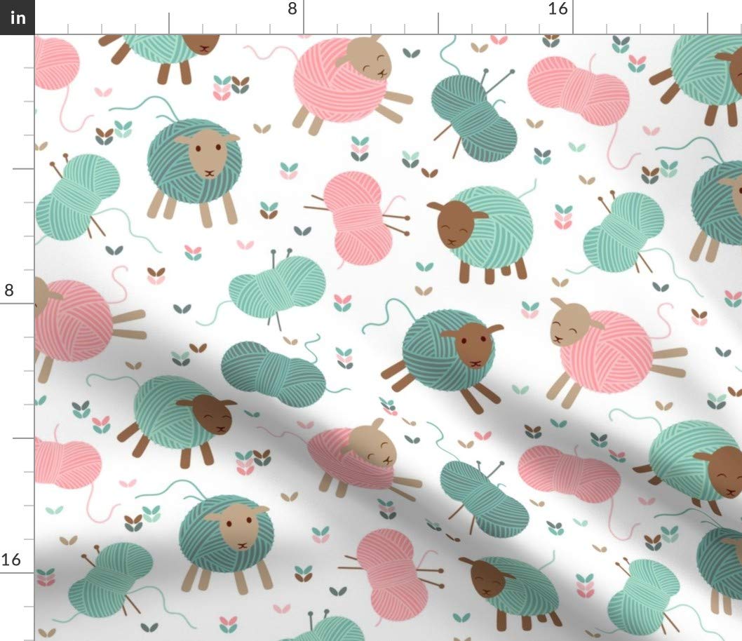 Premium Spoonflower Fabric - Soft Knitting Sheep & Lamb Needle Animal Print on Petal Signature Cotton Fabric by The Yard - Perfect for Sewing, Quilting, Apparel, DIY Crafts & Home Decor | Ideal for Baby Clothes, Throw Pillows & Wall Art
