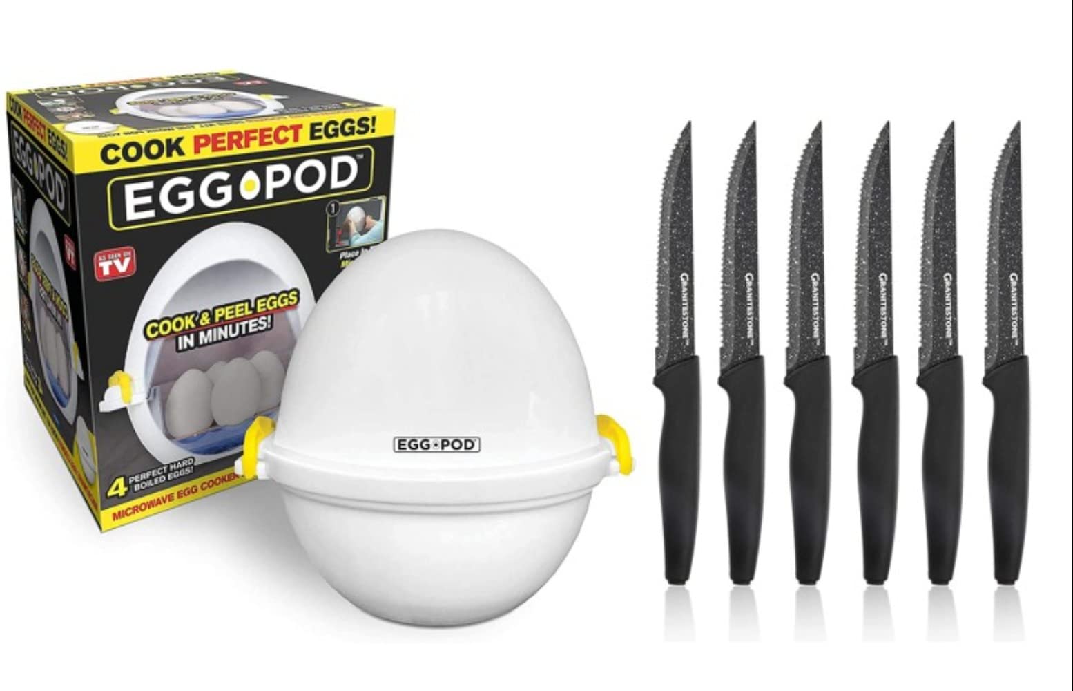 Wireless Egg Cooker for Microwave - Eggpod Rapid Egg Maker with Nutriblade 6-Piece Serrated Steak Knife Set | Perfect for Breakfast Meal Prep & Kitchen Cooking Accessories