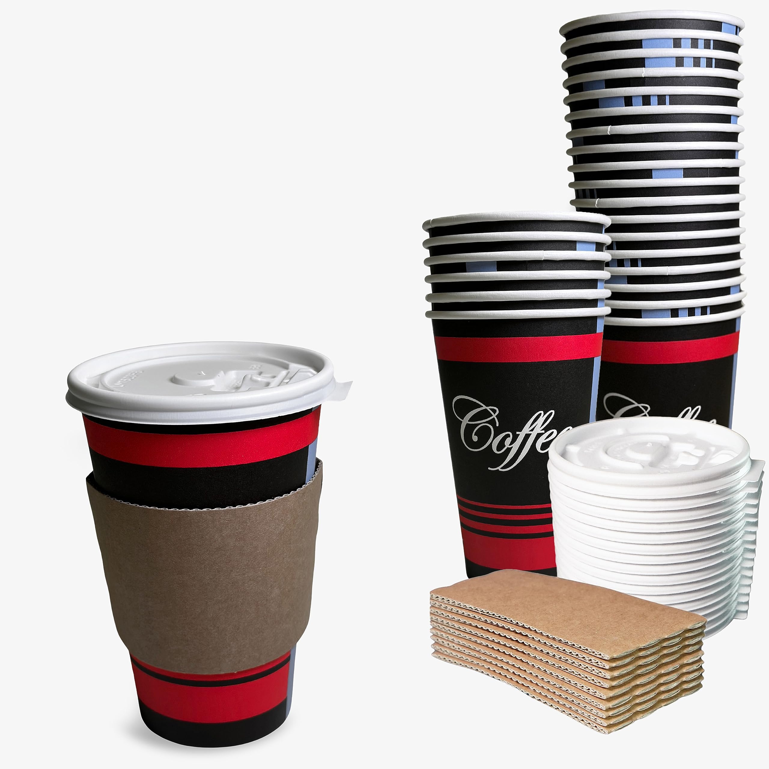 150-Pack 20oz Disposable Paper Coffee Cups with Lids, Sleeves & Stirrers - Hot/Cold Drink Travel Mugs for Coffee, Tea, Chocolate & Latte - Perfect for Office, Parties, Cafes & On-the-Go Use