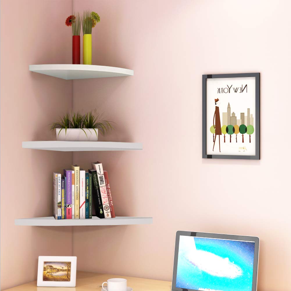 Greensen Floating Corner Wall Shelves - White MDF Board Corner Shelf for Bathroom, Bedroom, Living Room, Kitchen & Office - Perfect for Displaying Books, Small Plants, Photos & Decor - Space-Saving Wall Mount Storage Solution for Home Organization