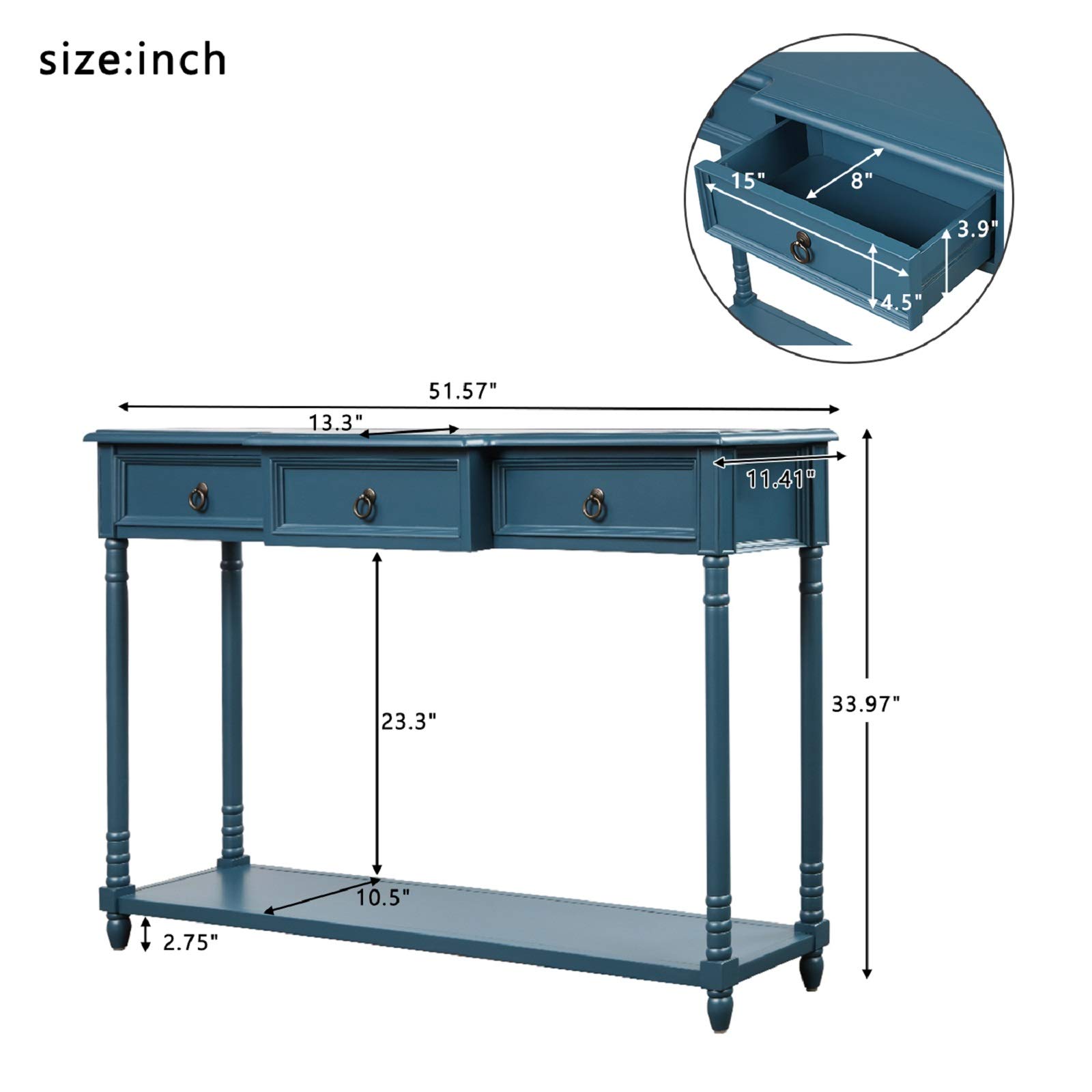 **Rhomtree Wooden Console Table with Storage Drawers & Bottom Shelf - Entryway Sofa Table, Long Sideboard for Living Room, Hallway - Antique Blue (Perfect for Small Spaces & Home Decor)**