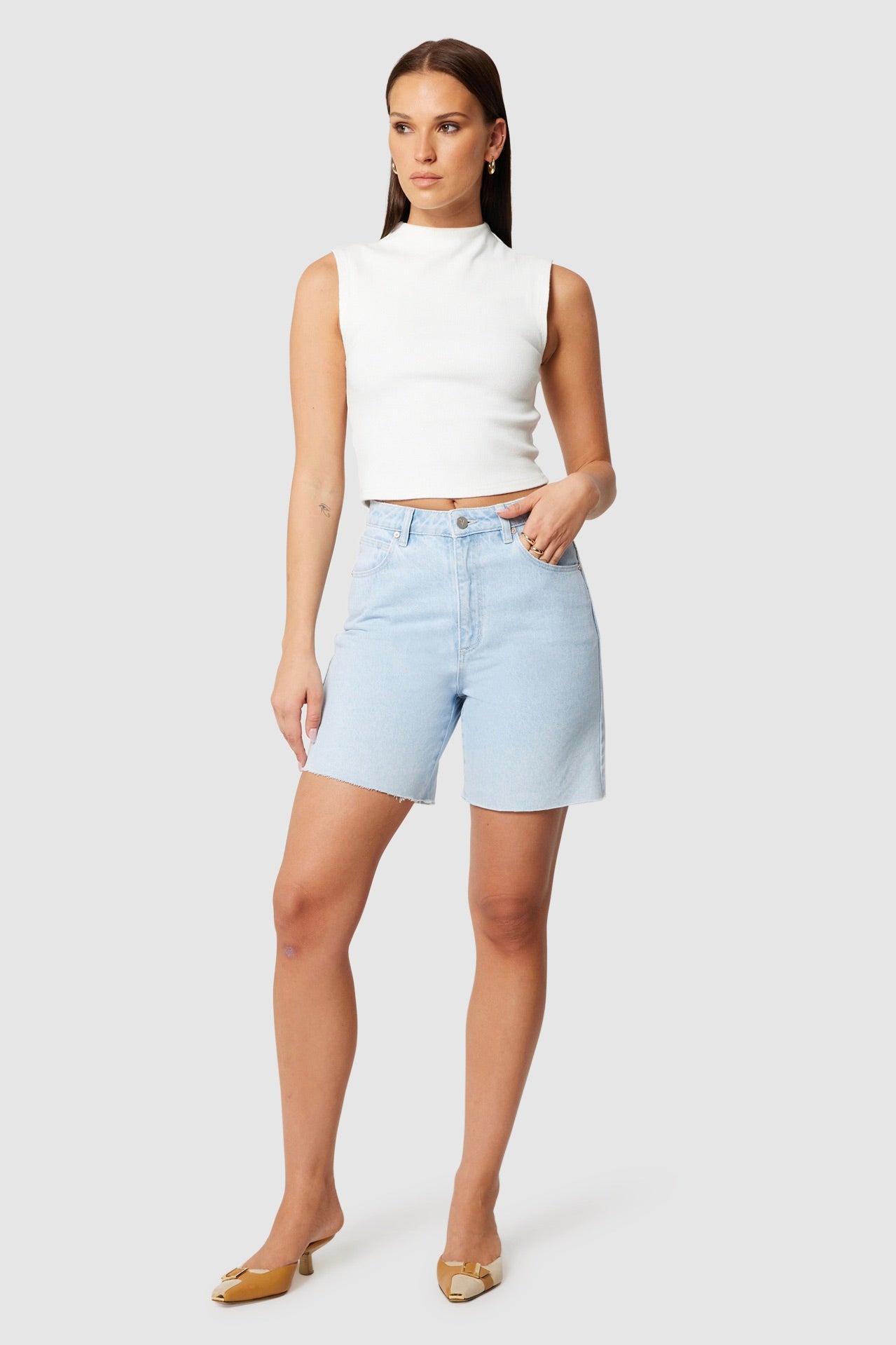 Carrie Kate Light Blue Denim Shorts for Women - High Waisted Distressed Denim Shorts - Summer Casual Fashion Shorts for Outfits, Beach, and Streetwear