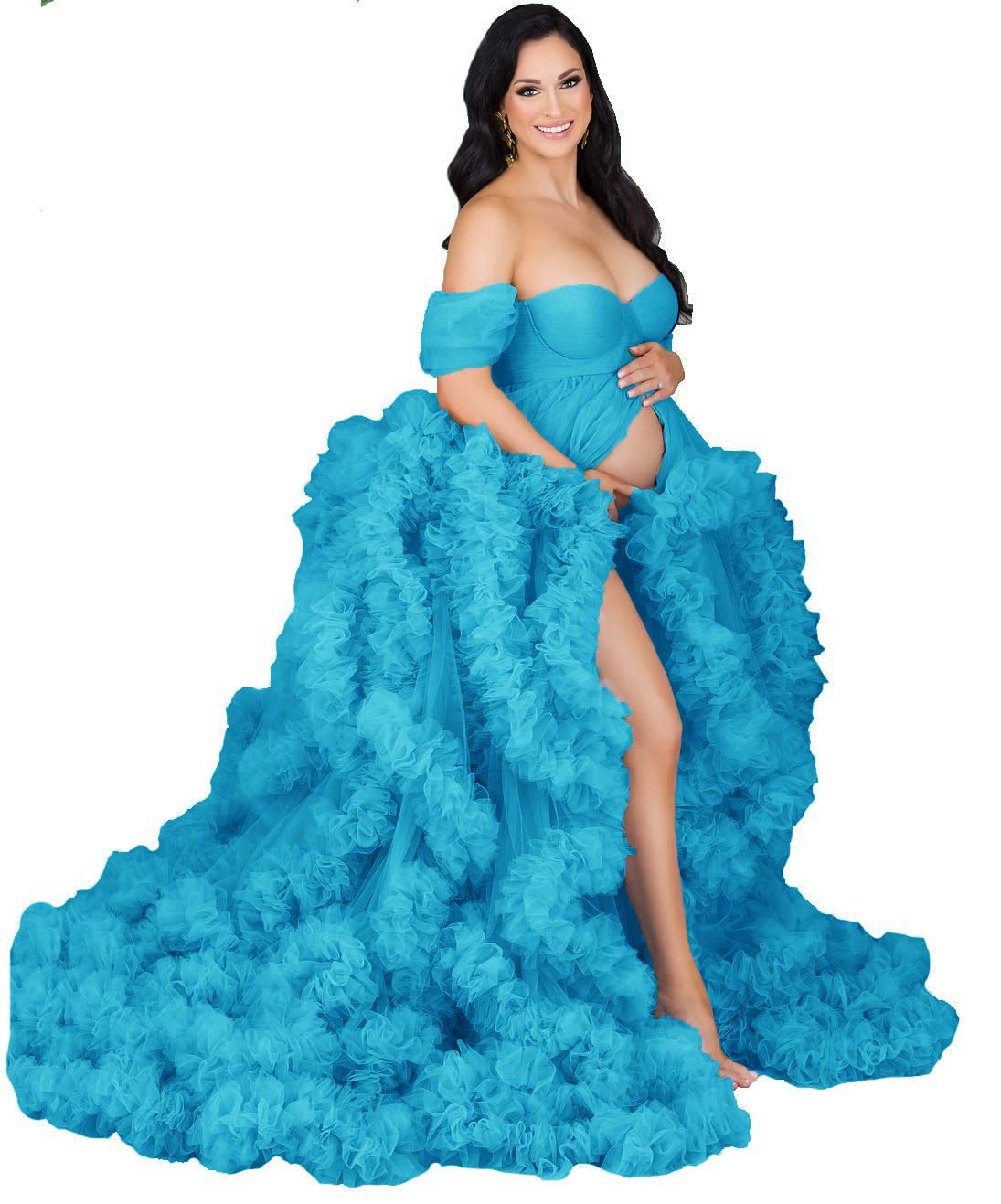 Elegant Women's Tulle Maternity Gown - Sheer Ruffled Babyshower Dress for Photoshoots, Bridal Lingerie & Maternity Bathrobe | Perfect for Pregnancy Photos, Baby Showers & Romantic Occasions