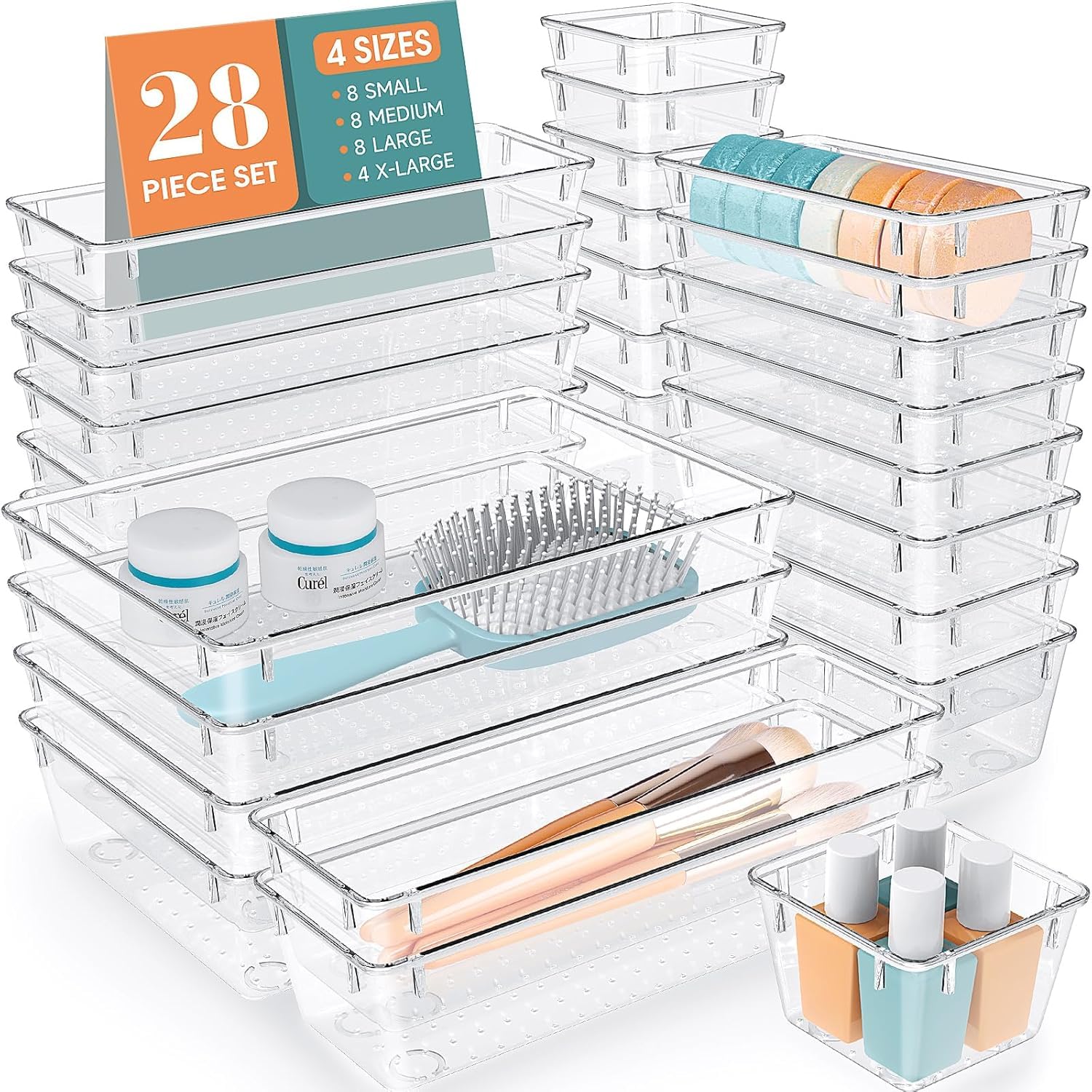 28-Piece Clear Plastic Drawer Organizer Set - 4 Sizes Desk Drawer Dividers & Storage Bins for Makeup, Jewelry, Gadgets | Perfect for Kitchen, Bedroom, Bathroom & Office Organization