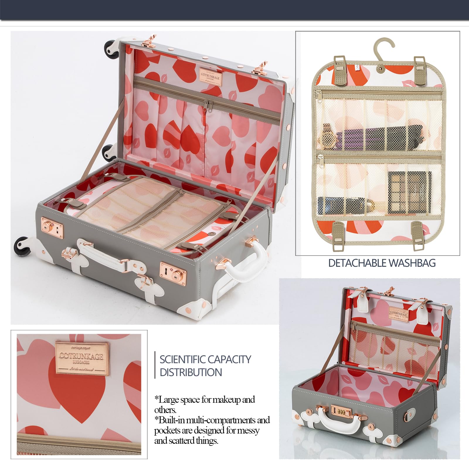 Vintage Luggage Set for Women - 2-Piece Cute Checked Spinner Suitcase in Light Grey | Perfect for Travel, Vacation & Business Trips