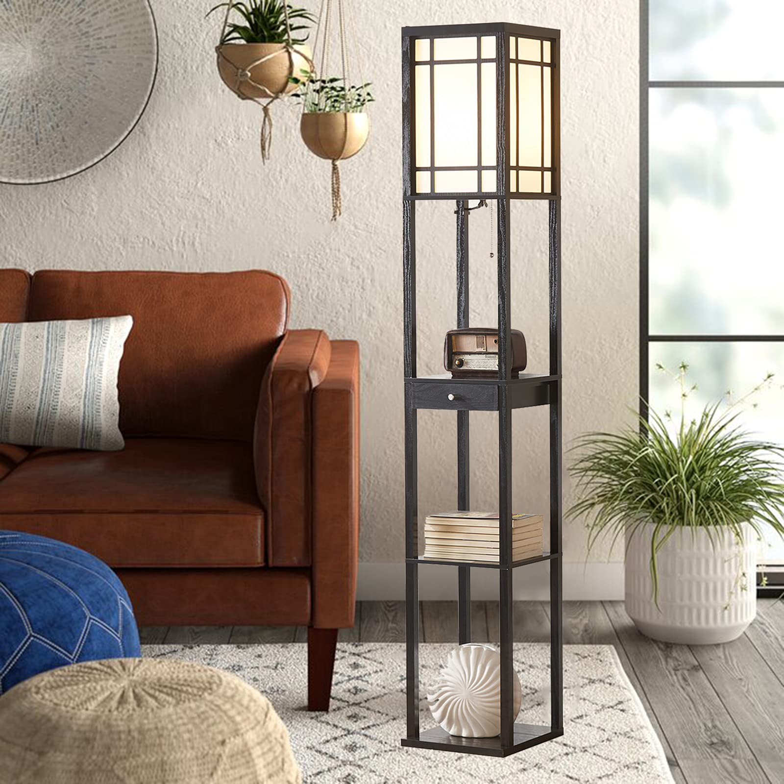 Modern Floor Lamp with Shelves & Drawer - LED Bulb Included, Space-Saving Corner Tower Lamp with Storage, Tall Bookshelf Nightstand Light for Living Room, Bedroom, Office - Perfect for Reading & Home Decor (Black)
