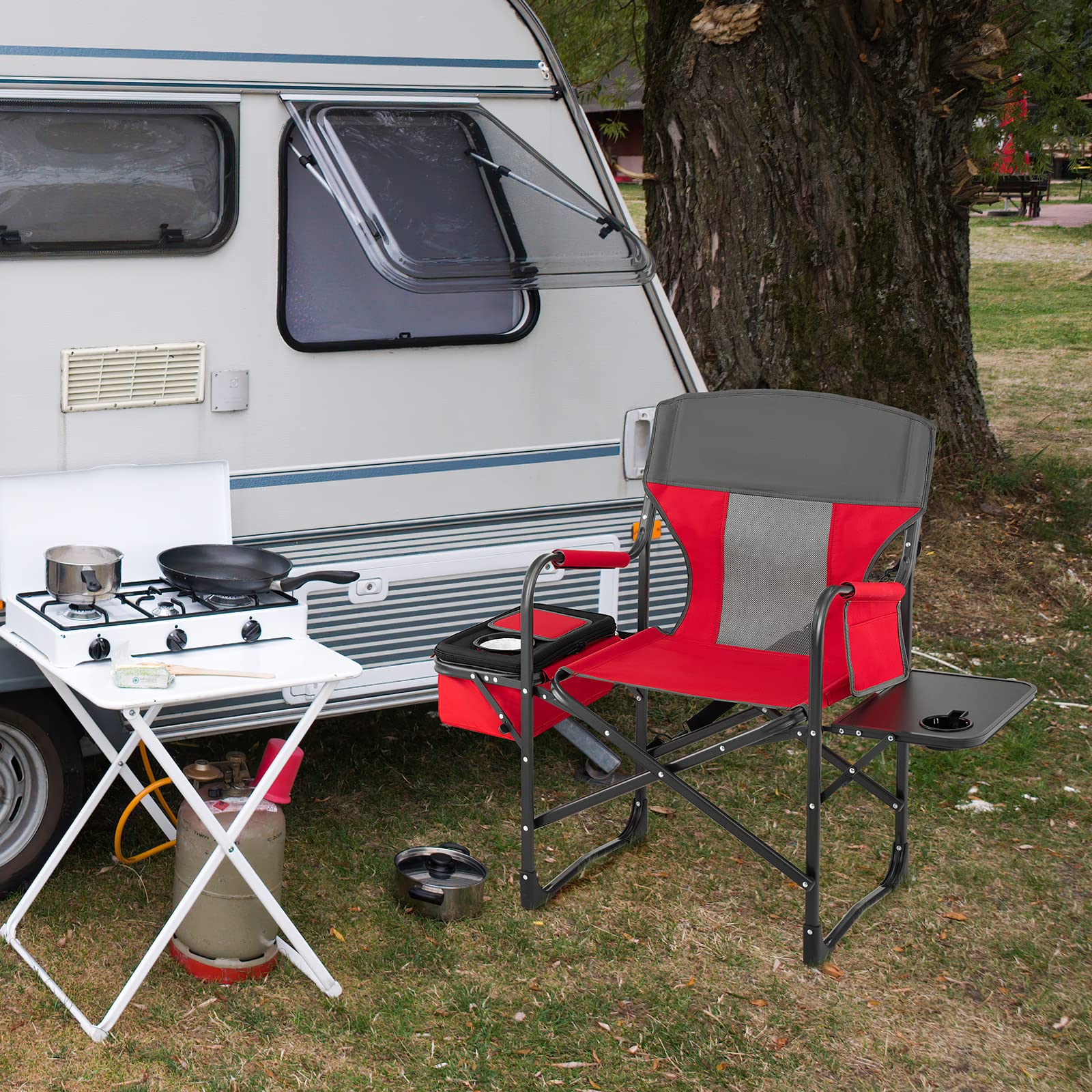 Giantex Heavy Duty Folding Camping Chair with Side Table & Cooler Bag - Portable Director's Chair with Storage Pocket, Shoulder Strap & Handle - 400 lbs Weight Capacity - Perfect for Outdoor Camping, Fishing, Picnics, Makeup Artists & Photographers (Red)