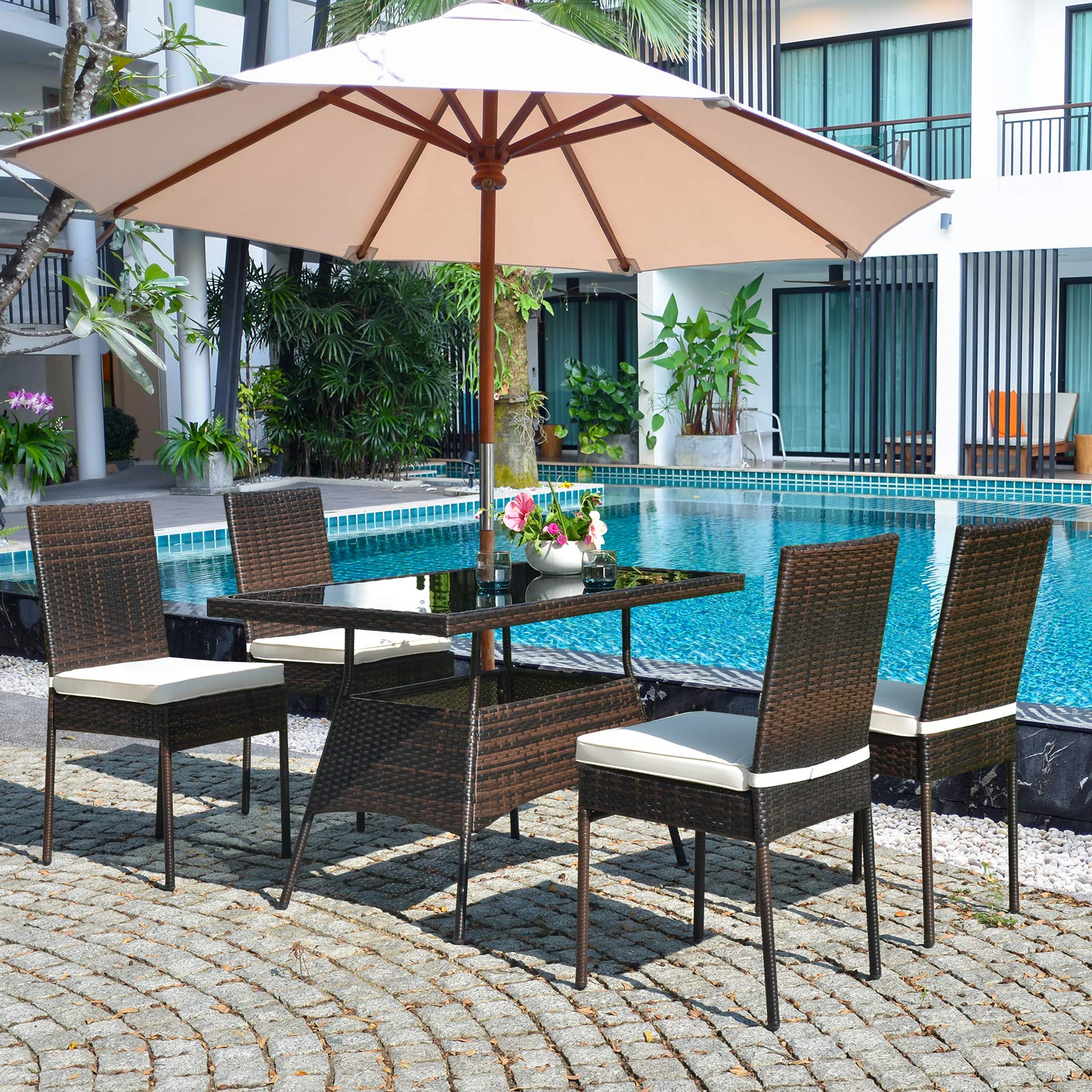 5-Piece Brown Patio Wicker Dining Set - Outdoor Rattan Table & Chairs with Tempered Glass Top & Cushions - Perfect for Backyard, Balcony, Garden & Poolside Dining