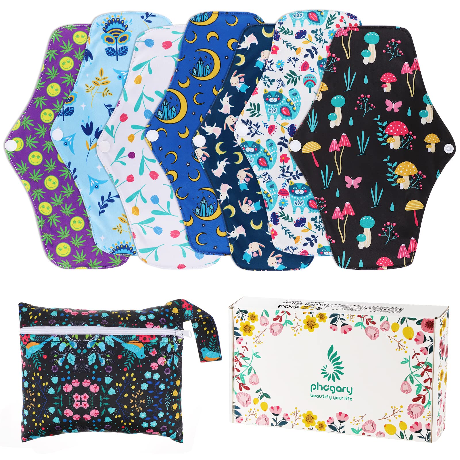 PHOGARY Reusable Bamboo Cloth Pads for Heavy Flow - Ultra Absorbent Washable Sanitary Pads with Wings, Overnight Menstrual Pads Set (7 in 1, Style G) with Wet Bag - Eco-Friendly Period Protection for Active Women, Yoga, Travel & Night Use