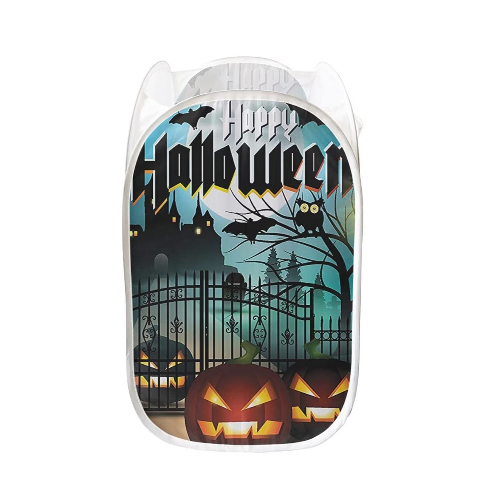 Frestree Halloween Pop-Up Laundry Basket - Pumpkin Ghost Bat Owl Haunted Mansion Print, Large Waterproof Storage Bin for Clothes & Toys | Perfect for Home Decor, Kids Room Organization & Spooky Party Supplies