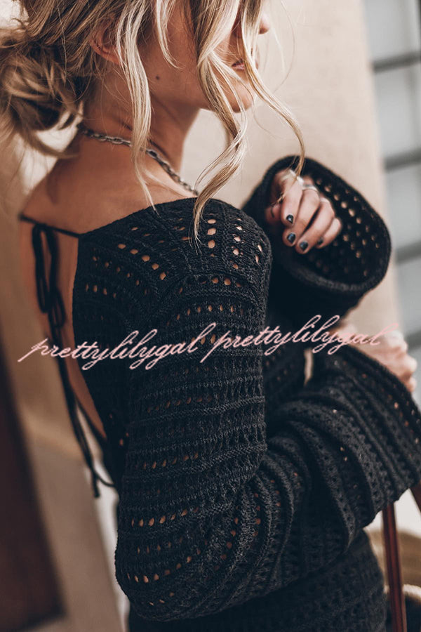 Sunset Love Knit Open Back Tie-Up Flare Sleeve Cover Up Mini Dress - Perfect for Beach Vacation, Summer Party & Boho Fashion