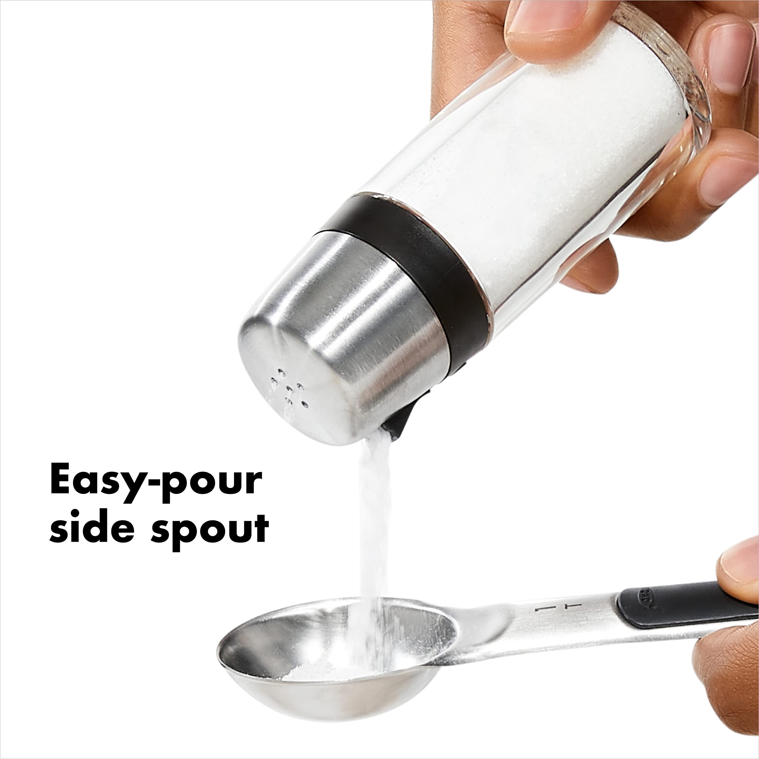 OXO Stainless Steel Salt and Pepper Shaker Set - Clear Glass Body with Adjustable Pour Spouts - Perfect for Kitchen, Dining Table & Outdoor Picnics