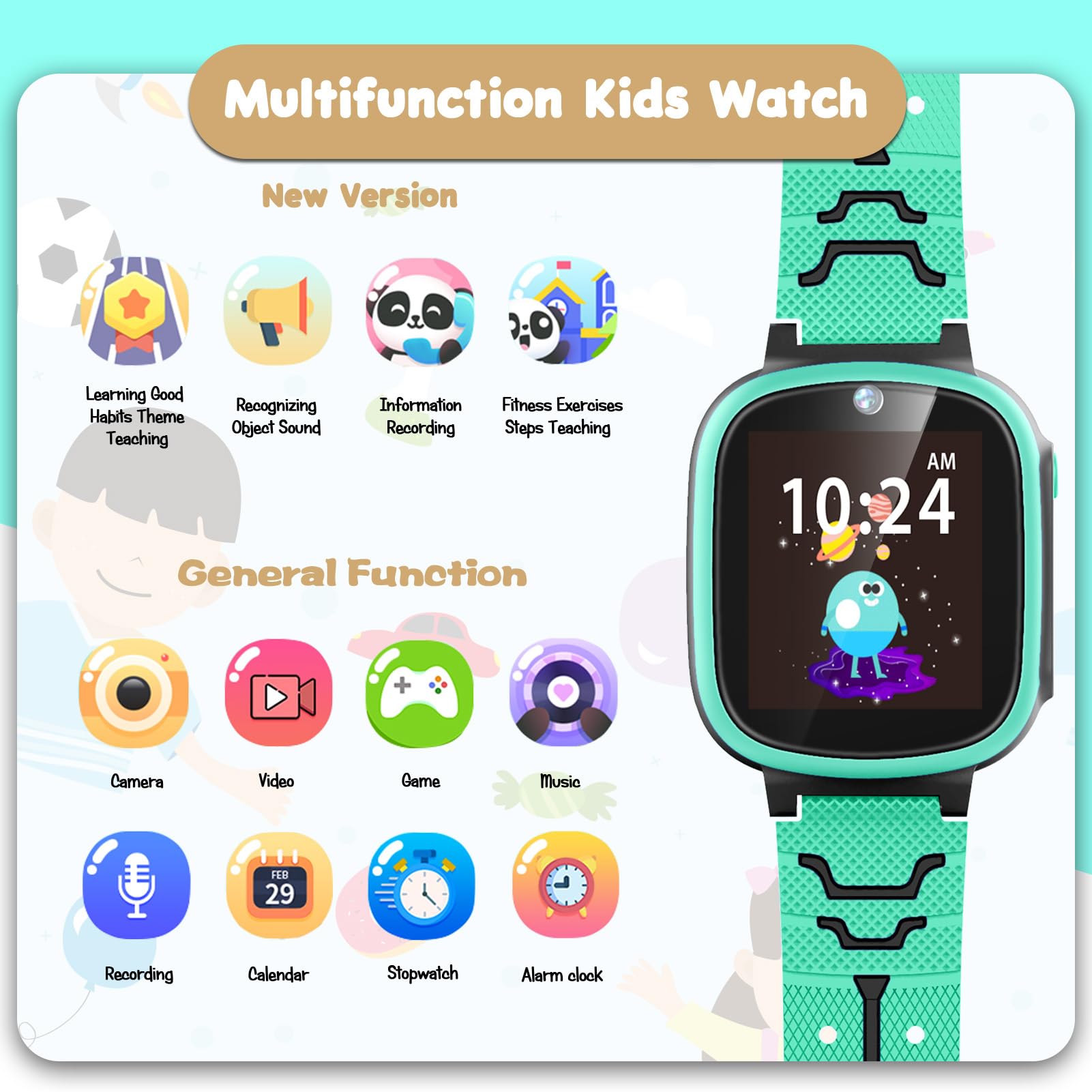 Best Smart Watch for Kids Ages 3-9 - Touchscreen Kids Watch with Camera, Video, Music & Games - Perfect Birthday Gift for Boys & Girls - Green - Ideal for Playtime, Learning & Outdoor Activities