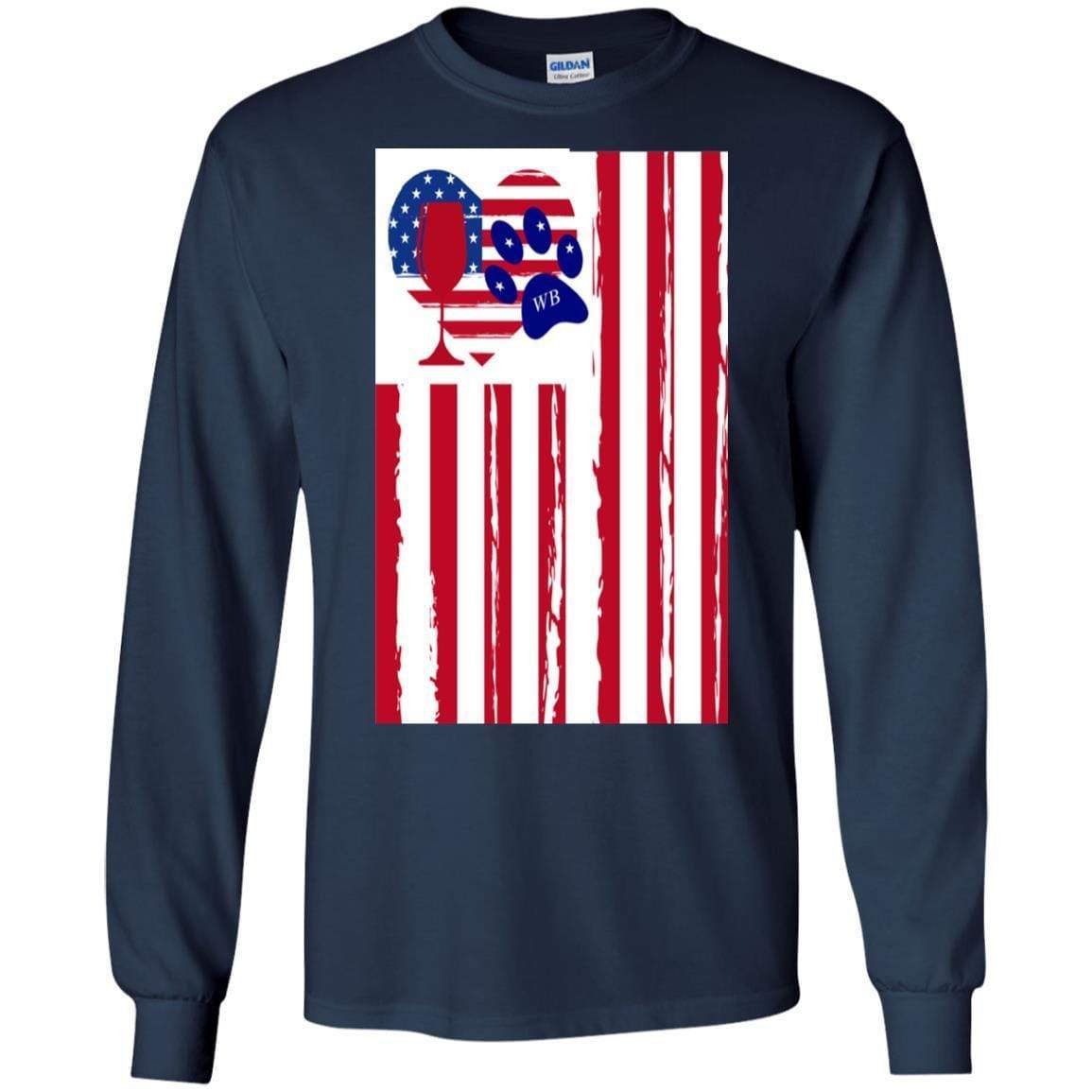 WineyBitches.Co Patriotic American Flag Wine Paw Heart Long Sleeve Ultra Soft Cotton T-Shirt for Women | Perfect for Wine Lovers, 4th of July & Pet-Themed Parties