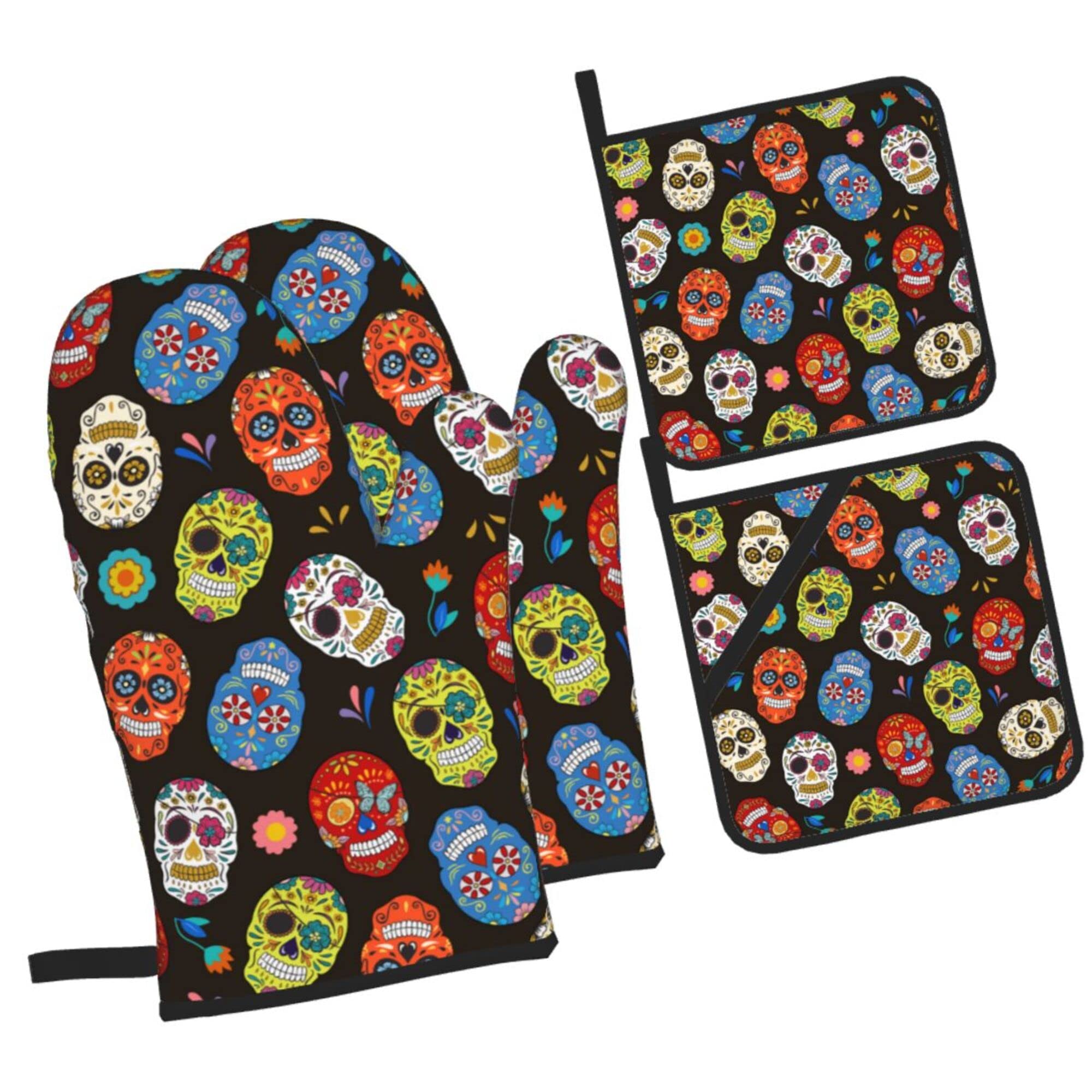 Sugar Skull Oven Mitts and Pot Holders Set - Heat Resistant, Waterproof & Durable Kitchen Accessories for BBQ, Baking & Cooking - Perfect Gift for Home Chefs & Halloween Decor
