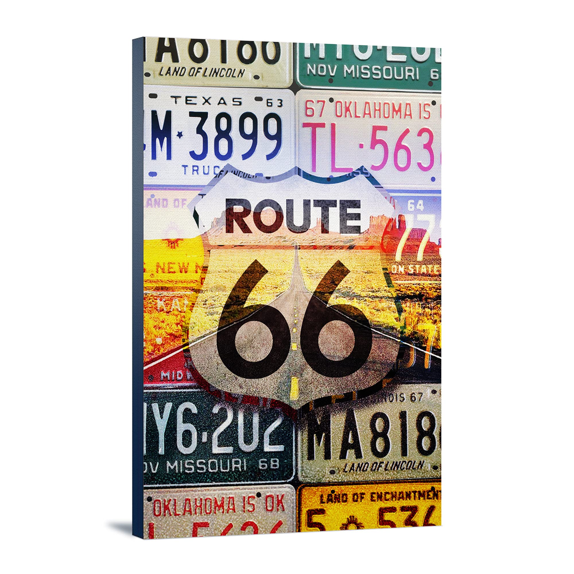 Route 66 License Plates Wall Art - 24x36 Stretched Canvas Highway Road Sign Decor - Perfect for Man Cave, Garage, or Road Trip Themed Room