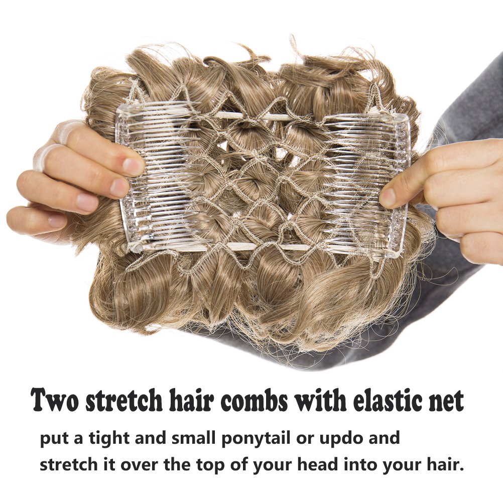 Benehair Messy Bun Hair Piece with Combs - Clip in Bun Scrunchie for Women, Juva Bun Dish, Fluffy Wavy Hair Updo, Easy Stretch Big Chignon, Short Ponytail Hairpiece - Sandy Brown & Bleach Blonde 90g - Perfect for Parties, Weddings, and Everyday Styling
