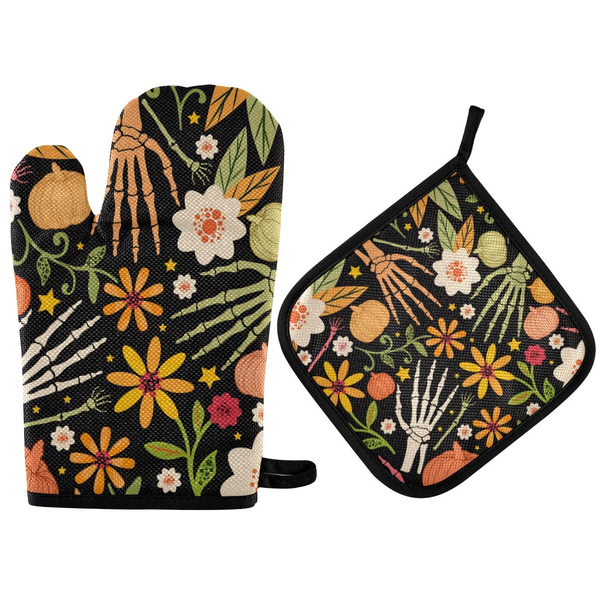 **Halloween Sugar Skull Oven Mitts & Pot Holders - 2pcs Heat Resistant Non-Slip Kitchen Potholder Set for Cooking, Baking, BBQ - Day of The Dead Decor for Spooky Season & Mexican-Themed Parties**
