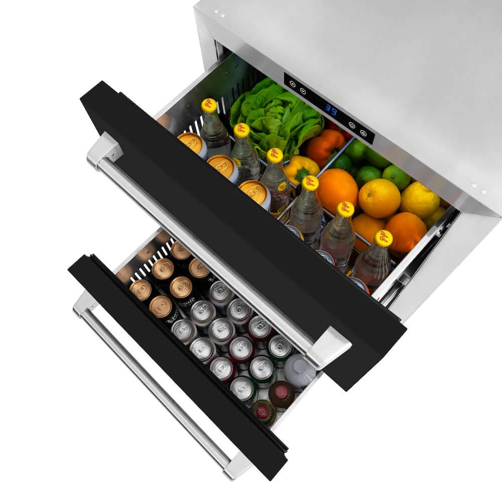 ZLINE 24 Inch Outdoor Rated Dual Refrigerator Drawer - 168 Can Capacity, Black Matte Doors (RDSO BLM 24) - Perfect for Outdoor Kitchens, Patios, and Entertaining Areas