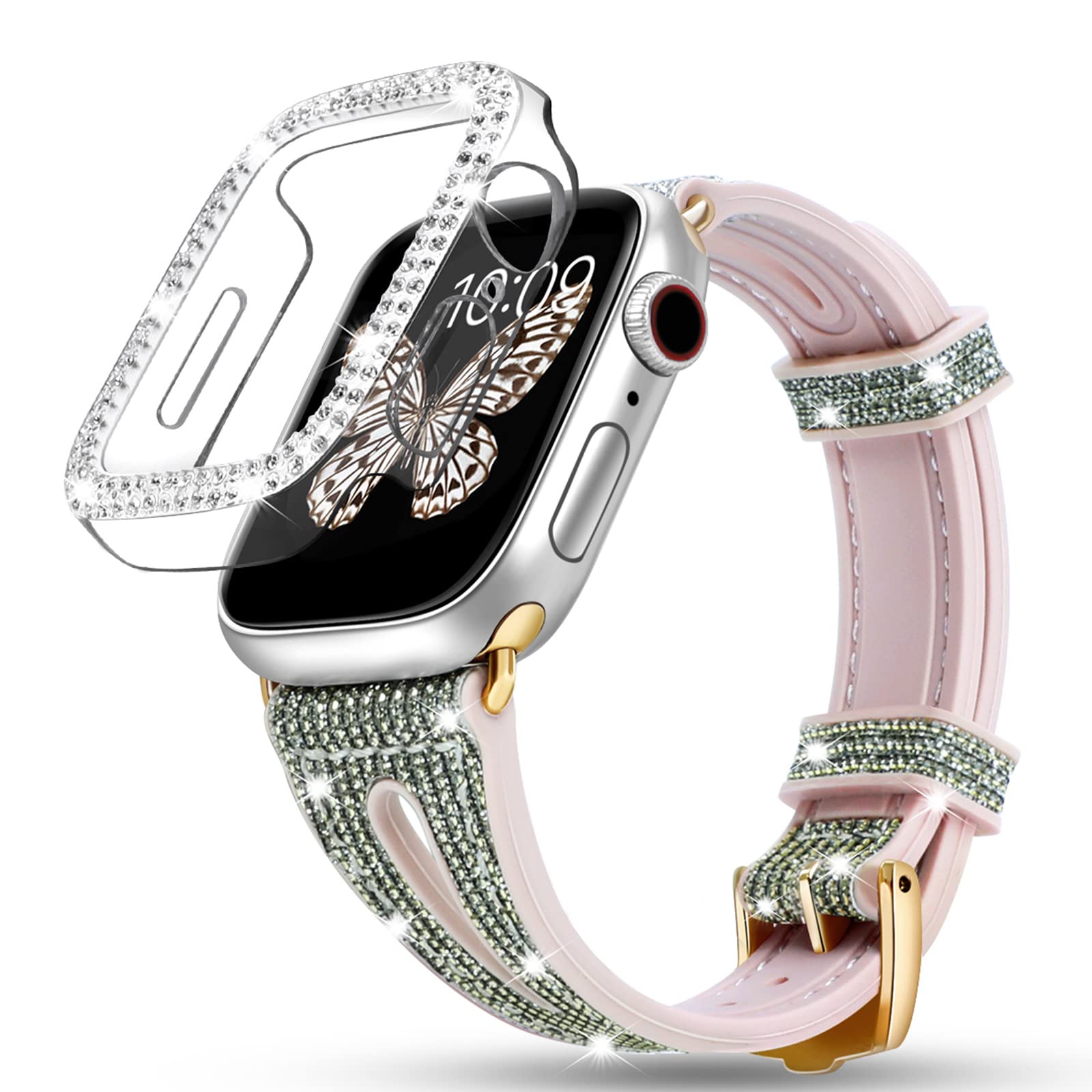 Fewdew Bling Thin Band for Apple Watch Series 7 - Women's Glitter Silicone Strap with Diamond PC Clear Protective Cover & Bumper (No Screen Protector) - Perfect for Workouts, Parties & Everyday Wear