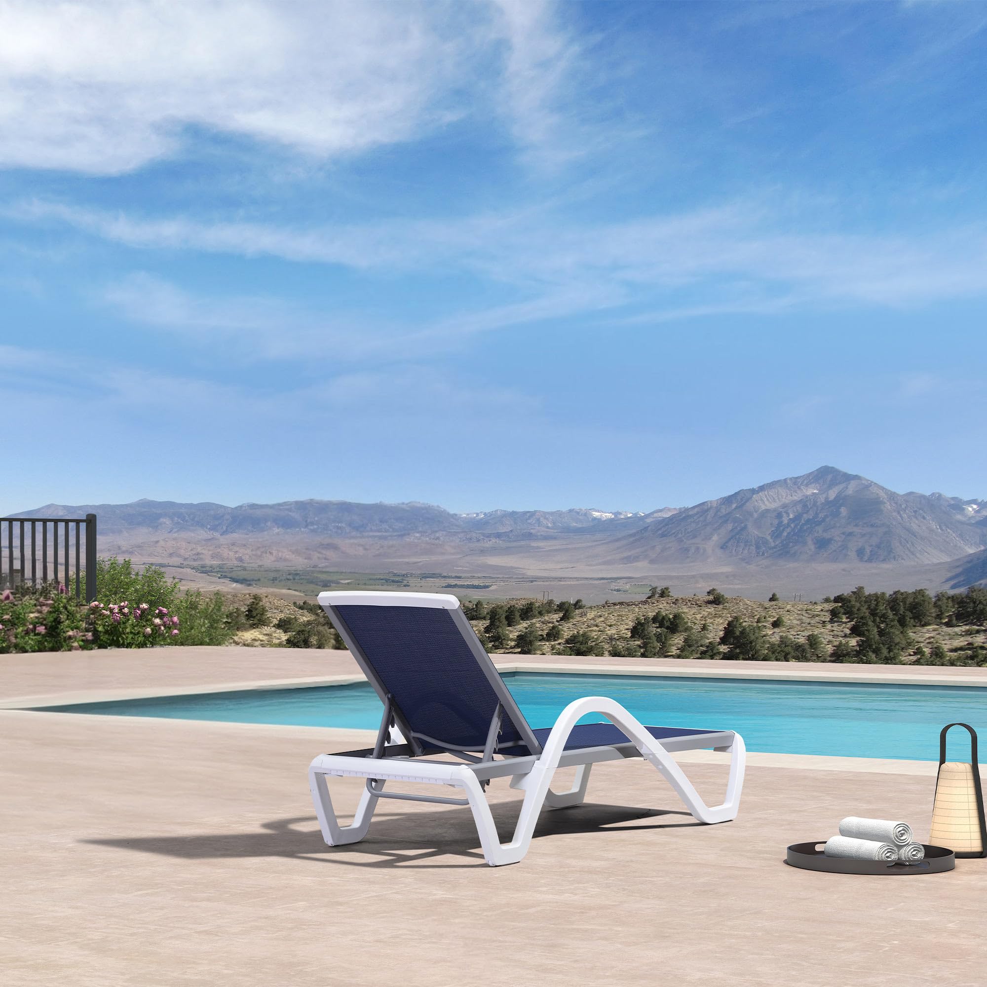 PURPLE LEAF Outdoor Chaise Lounge Chair - Adjustable Textilene Sunbathing Recliner for Pool, Beach & Backyard - 6-Position Tanning Lounger with Durable Plastic Frame - Perfect for Relaxing by the Poolside, Seaside or Lawn (Blue)