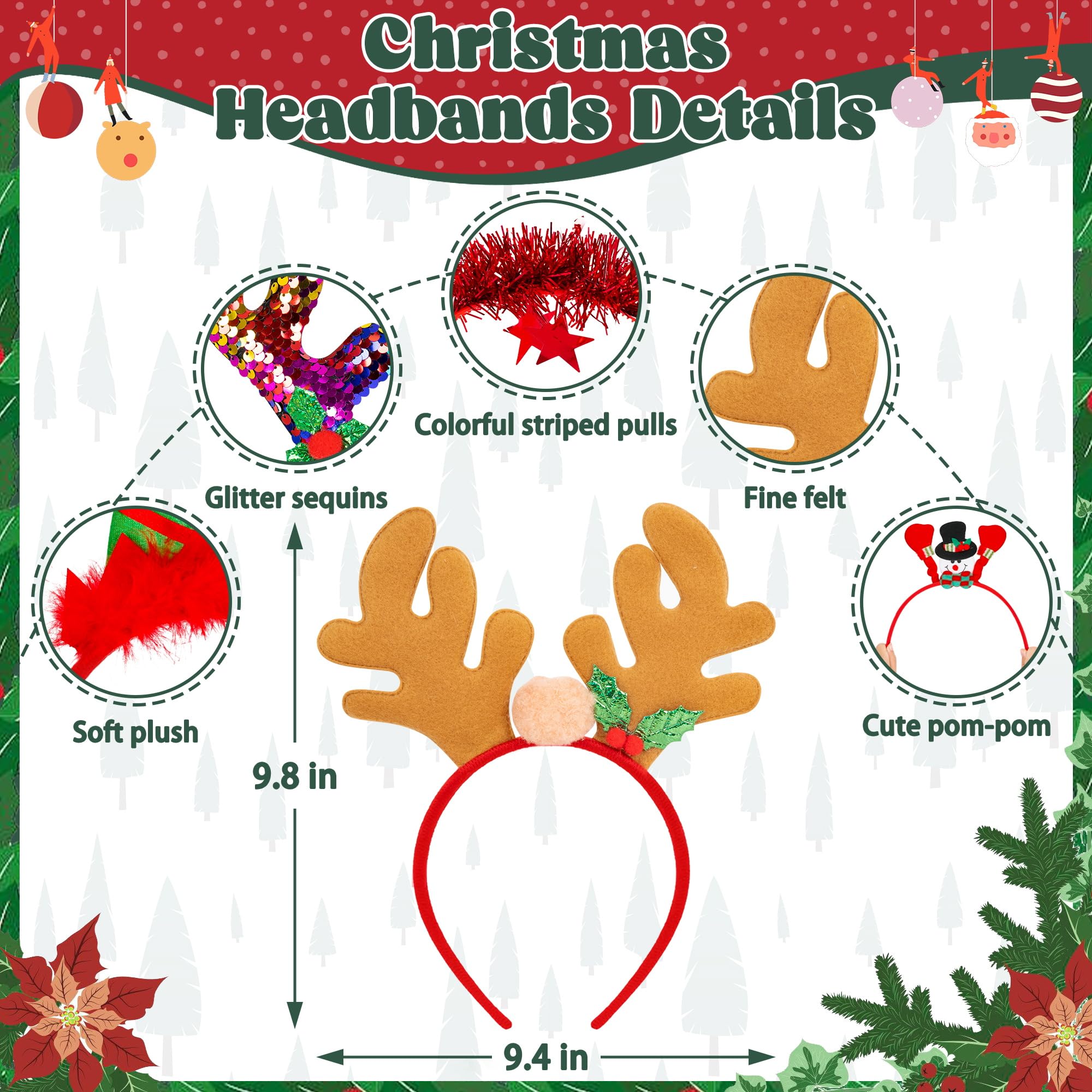Christmas Party Favors - Cute Glasses Headbands Set for Women & Girls | Fun Holiday Accessories with Glasses Frames | Perfect for Christmas Parties, Costume Events & Photo Booths