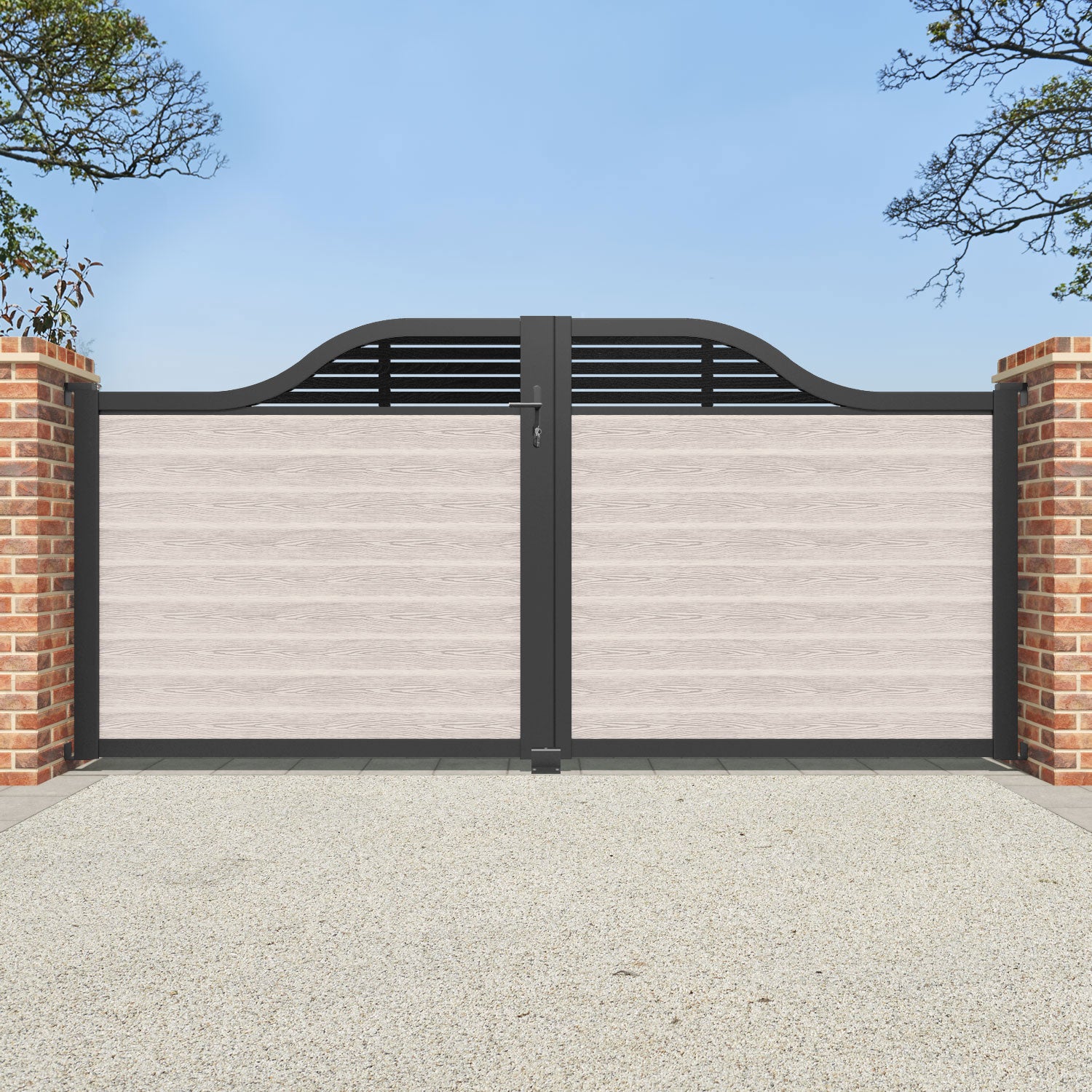 Classic Aspen Curved Top Driveway Gate - Mid Stone Design with Decorative Top Screen | Elegant Driveway Entrance for Homes & Estates | Perfect for Privacy & Security