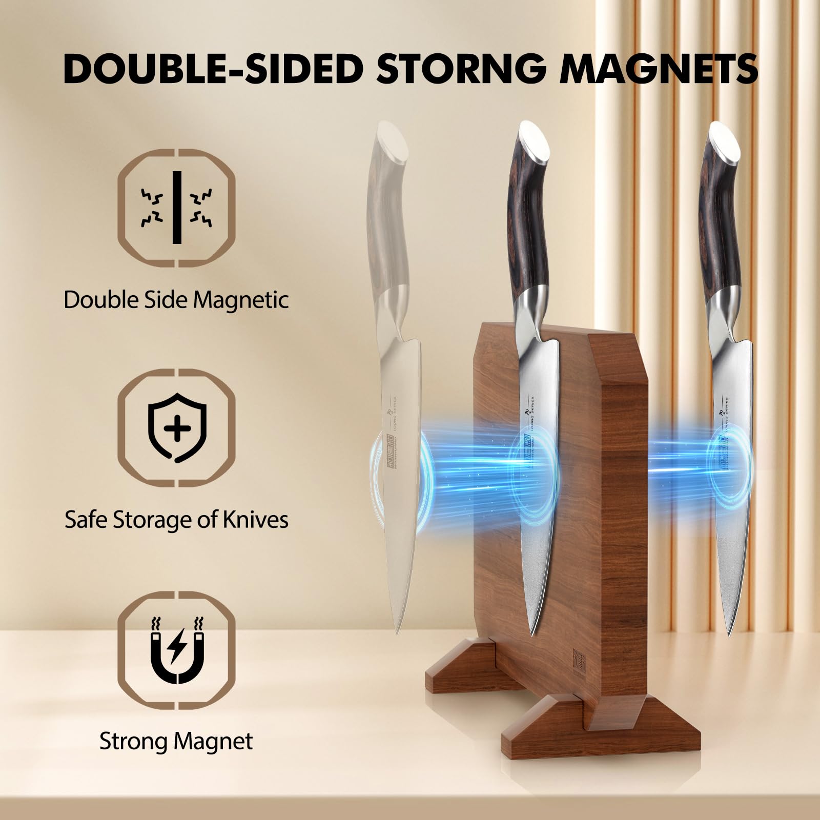 Premium Magnetic Knife Holder - Thickened Acacia Wood Knife Block with Strong Magnets | Double-Sided Knife Storage Organizer | Space-Saving Kitchen Counter Solution for Chefs & Home Cooks