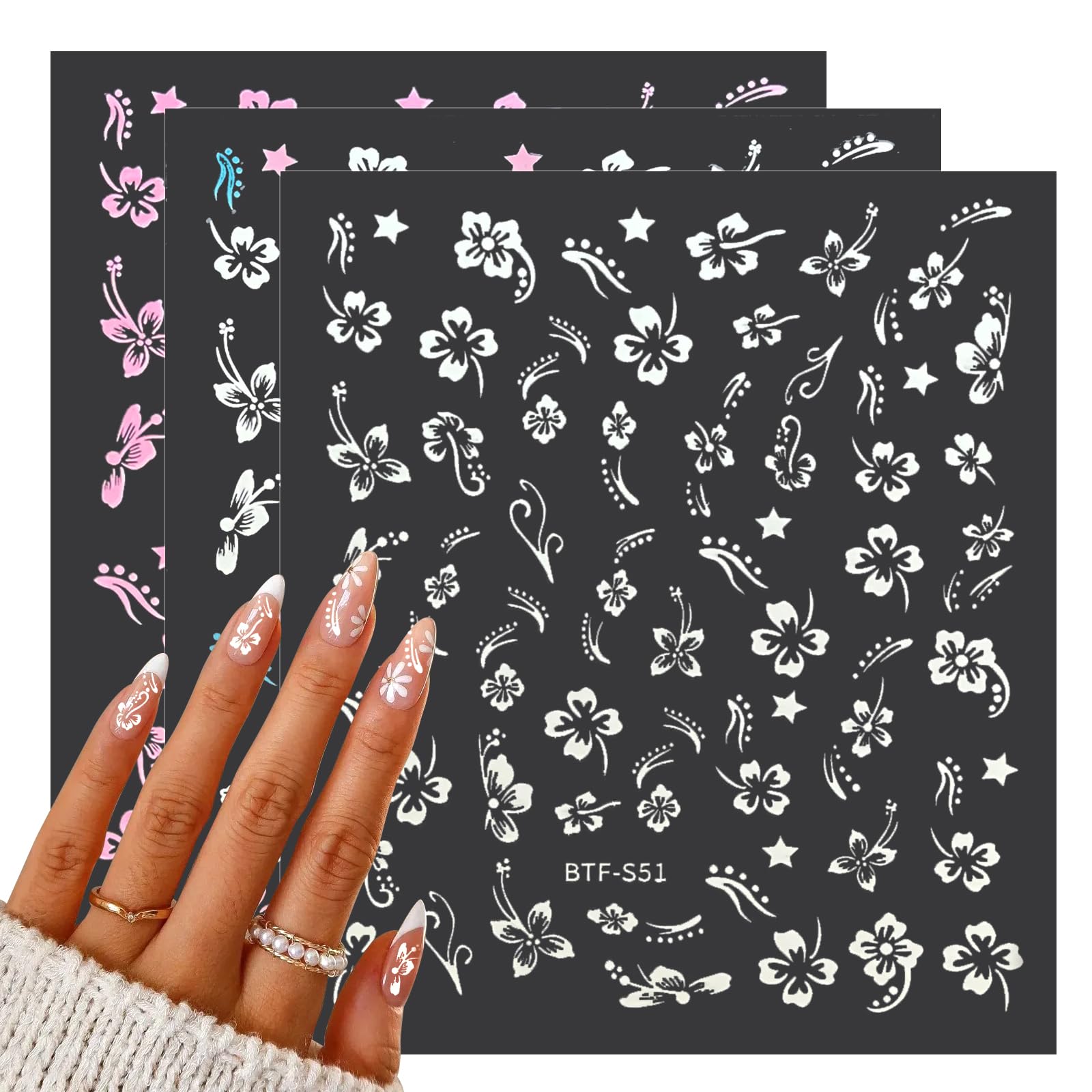 White Pink Golden Clear Silver Flower Nail Sticker Decals - 10 Sheets Nail Art Decorations for Women | DIY Manicure Designs & Nail Art Supplies | Perfect for Parties, Weddings, and Salon Use