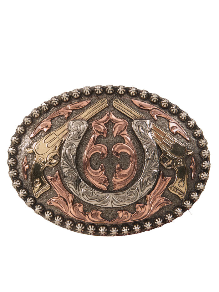AndWest HC5000 ALAMOSA Vintage Western Style Pistol & Horseshoe Buckle Belt - Antique Brass, Copper & Silver Finish for Cowboy Boots, Jeans & Western Fashion Outfits
