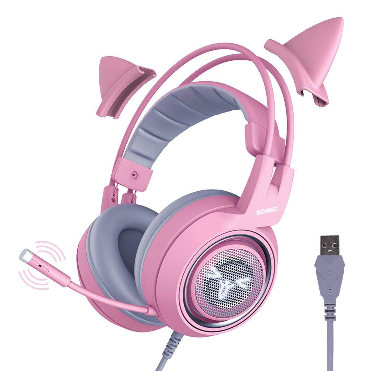 SOMIC G951 Pink Cat Ear Gaming Headset with Mic - USB Noise Cancelling Headphones, 7.1 Virtual Surround Sound, LED Lights for PC, PS4, PS5, Laptop - Perfect for Girls & Women Gamers (Ideal for Streaming, Online Gaming & Voice Chat)