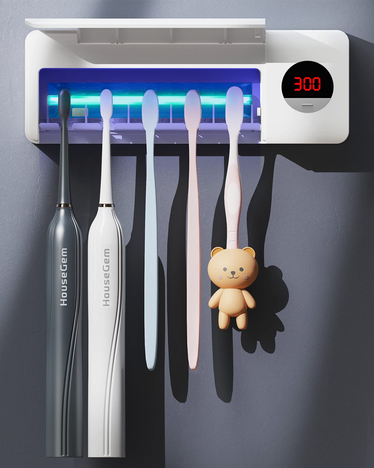 HouseGem Smart Toothbrush Holder with Timer - 2000mAh Rechargeable, Wall-Mounted Bathroom Organizer (White) - Perfect for Electric Toothbrush Storage & Bathroom Countertop Organization