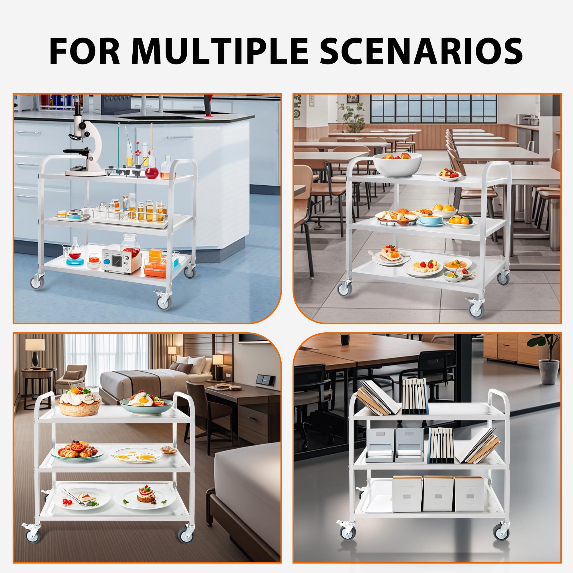 RAYOCON 3-Tier Stainless Steel Utility Cart with 360° Swivel Wheels & Locking Brakes - 37