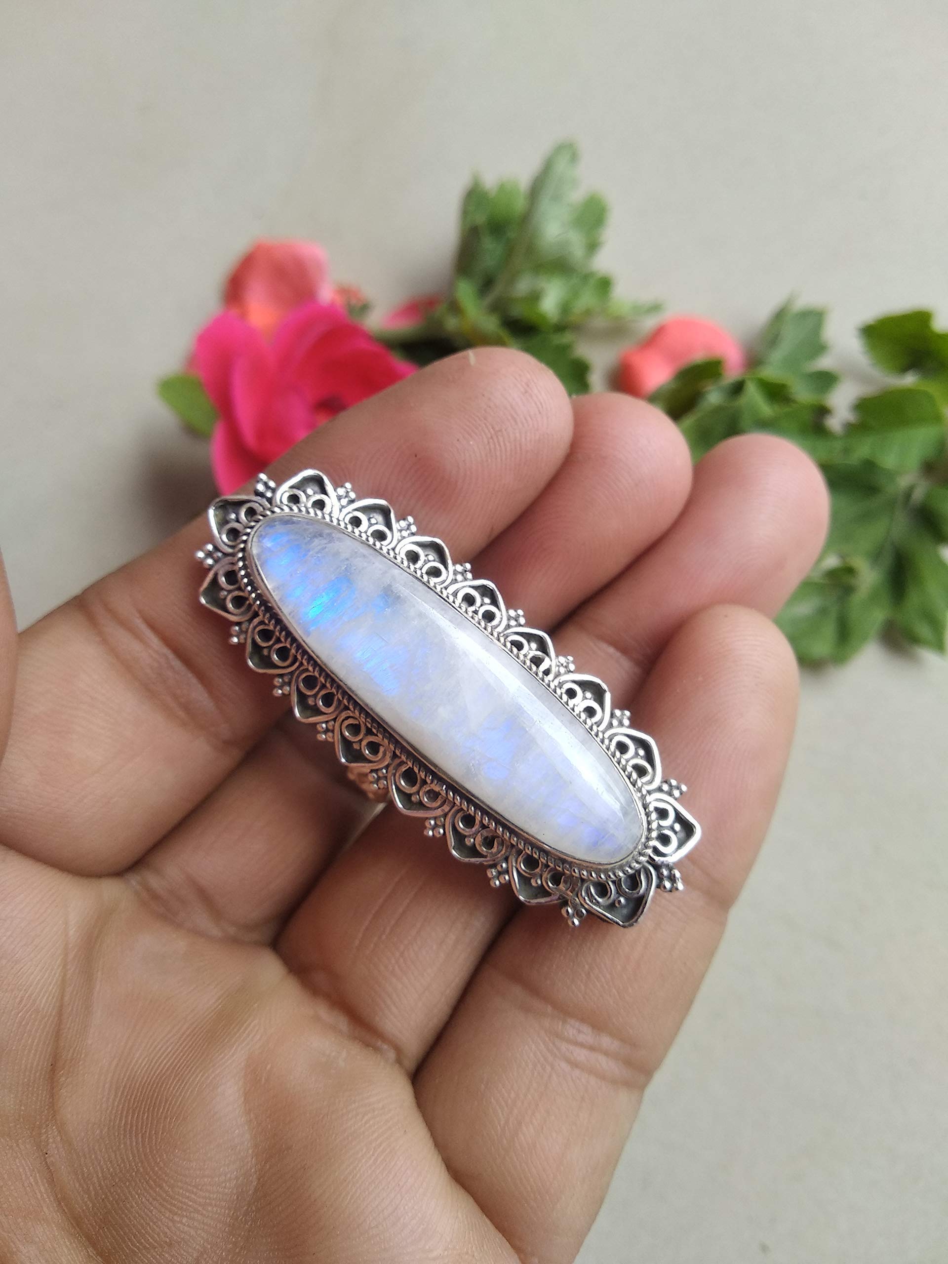 Blue Fire Moonstone Ring - Sterling Silver Statement Ring with Long Gemstone, Antique Boho Handmade Jewelry for June Birthstone, Unique Engagement & Victorian Style Ring | Perfect for Weddings, Anniversaries & Boho Fashion