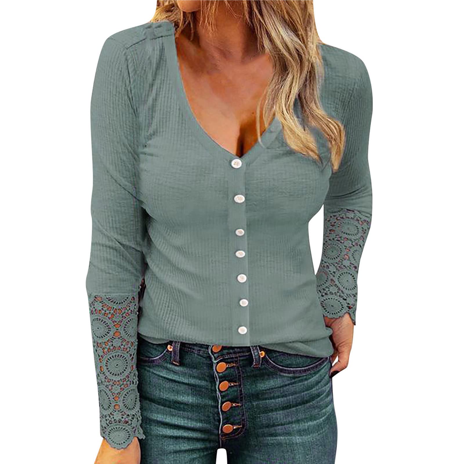 FMCHICO Women's Long Sleeve V-Neck Button Up Blouse - Slim Fit Ribbed Knit Top with Lace Sleeves - Casual Tunic Shirt for Work, Date Night & Fall Outfits