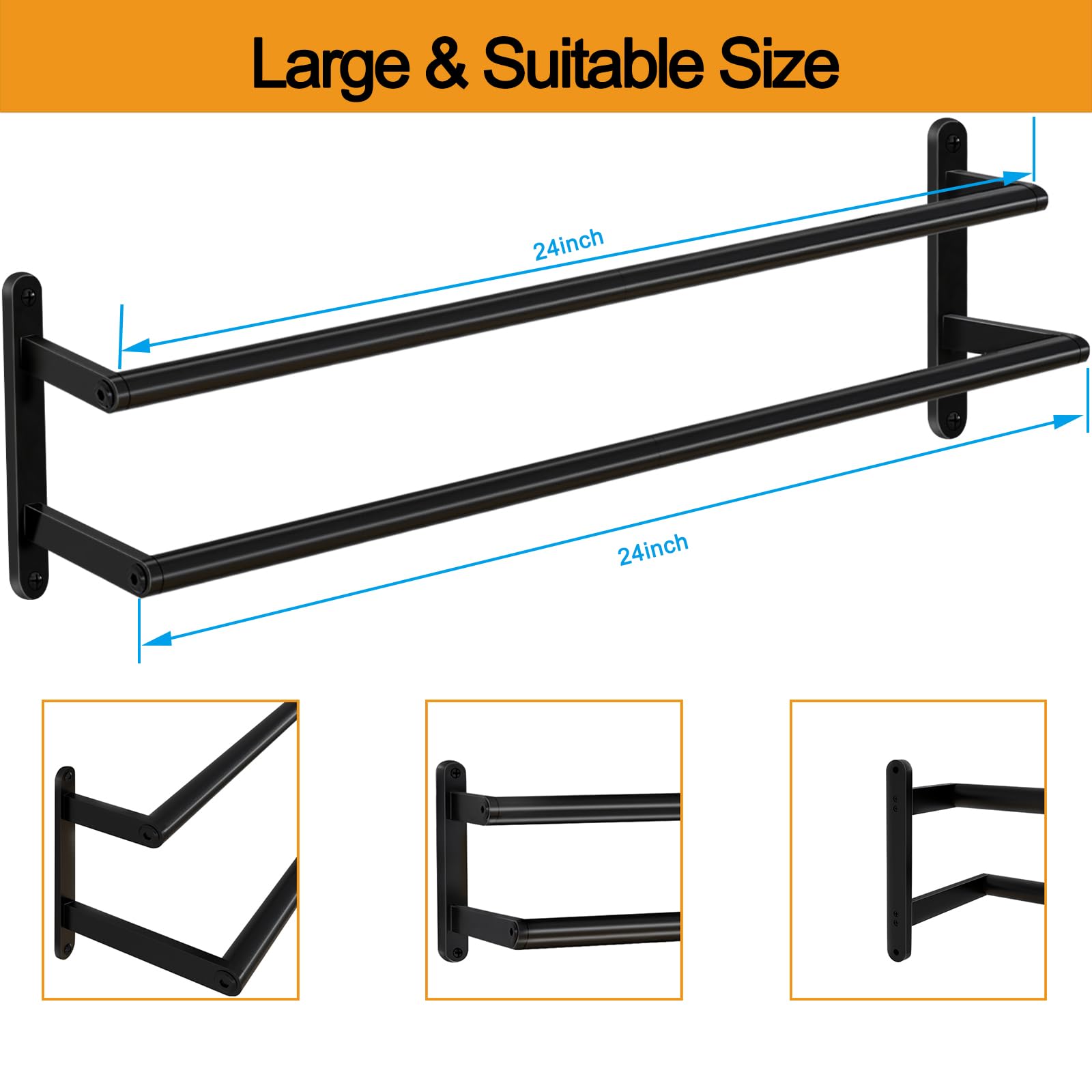 24 Inch Stainless Steel Double Towel Bar - Matte Black Wall Mounted Bathroom Towel Rack & Kitchen Towel Holder | Durable Towel Rod for Bath, Spa, and Home Organization