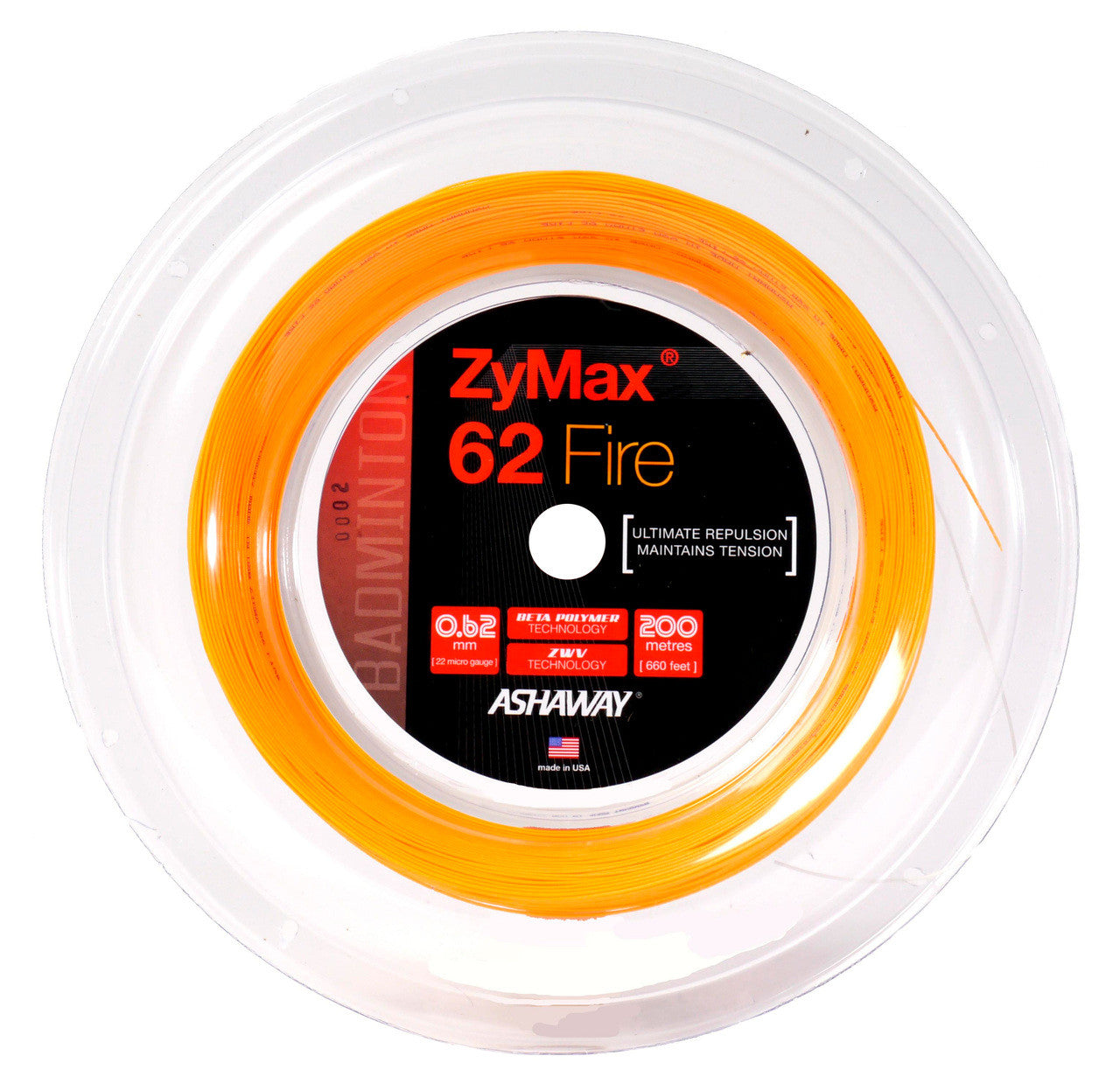 Ashaway Zymax 62 Fire Badminton String Reel - 200m High-Performance Nylon String for Badminton Rackets | Perfect for Tournament Play & Professional Training