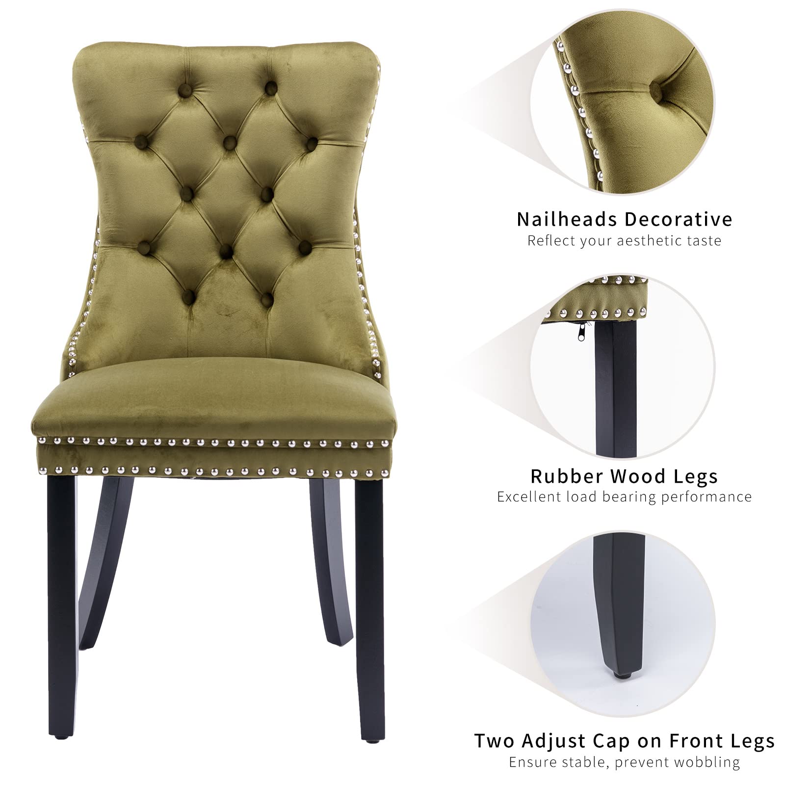 Luxury Velvet Dining Chairs Set of 2 - Tufted Upholstered Kitchen & Dining Room Chairs with Solid Wood Frame (Olive Green) - Perfect for Modern Home, Restaurant, and Office Decor