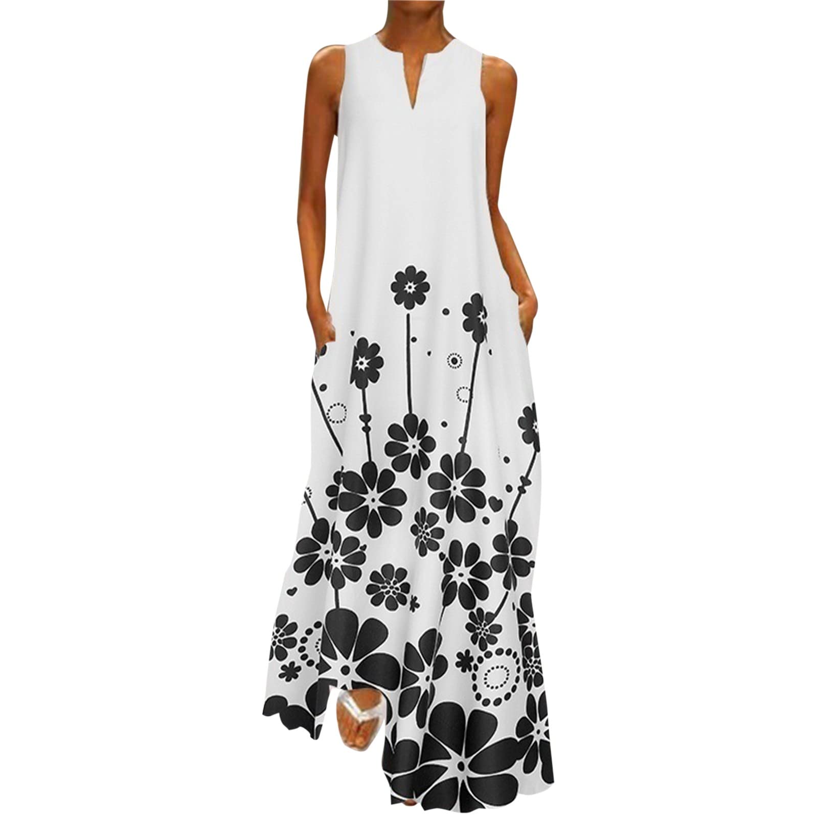 Women's Summer Sleeveless Boho Print V-Neck Maxi Dress - Loose Flowy Beach Cover Up & Casual Long Dress for Vacations, Pool Parties & Outdoor Events