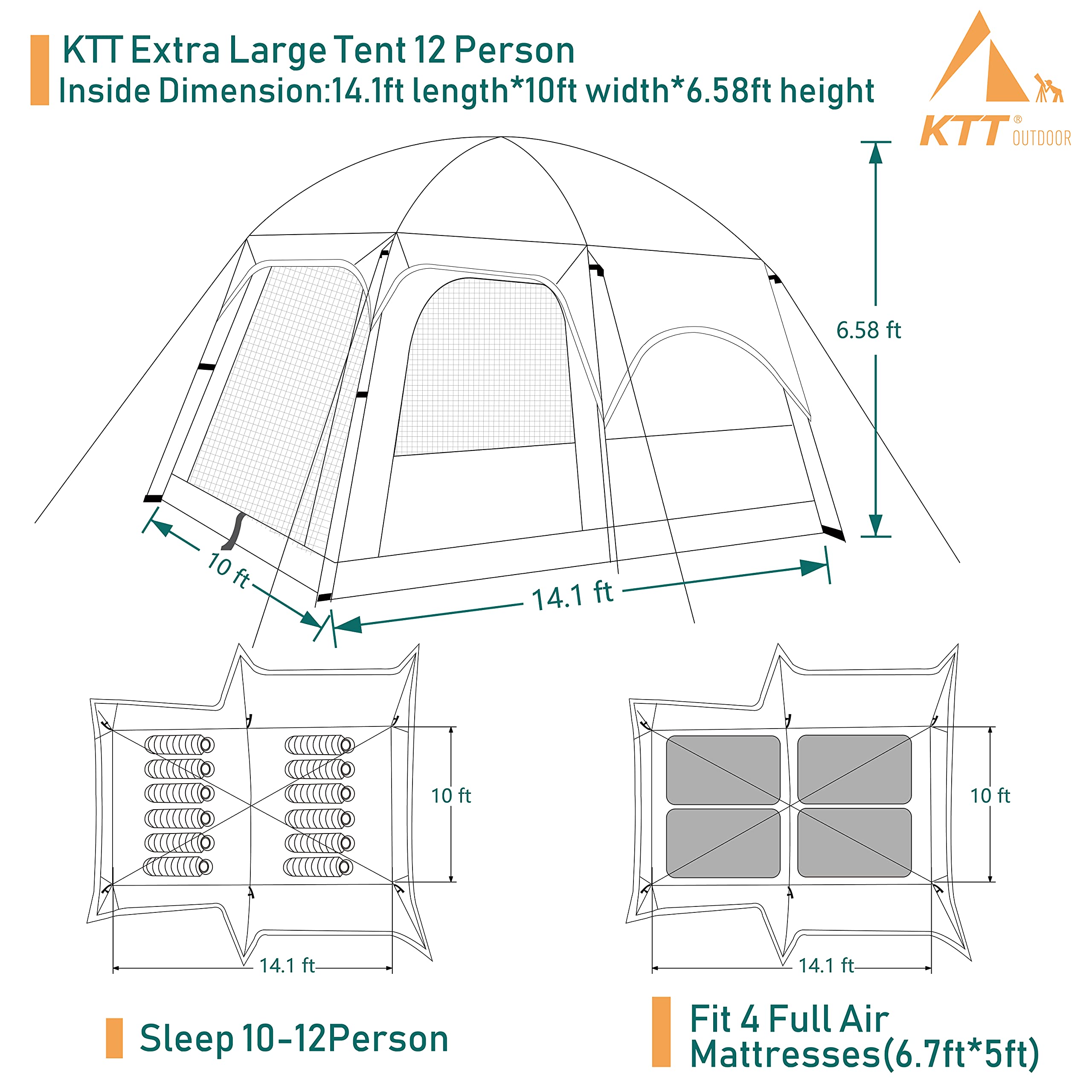 KTT Extra Large Family Cabin Tent for 10-14 People - 2 Rooms, 3 Doors & 3 Windows with Mesh, Waterproof Double Layer Straight Wall Design - Perfect for Camping, Picnics, Outdoor Adventures & Family Gatherings